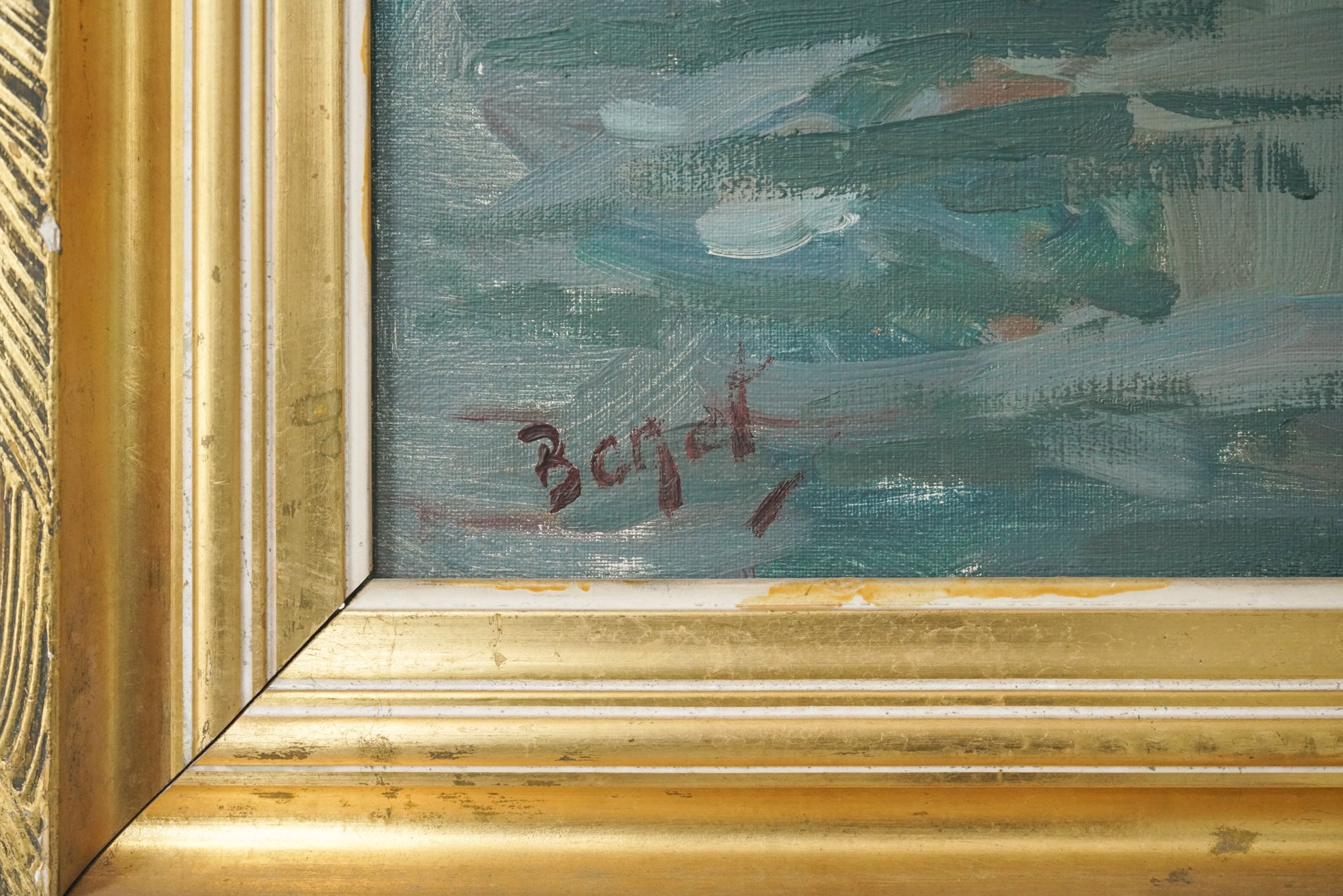 A painting of boats docked in a harbor next to buildings.