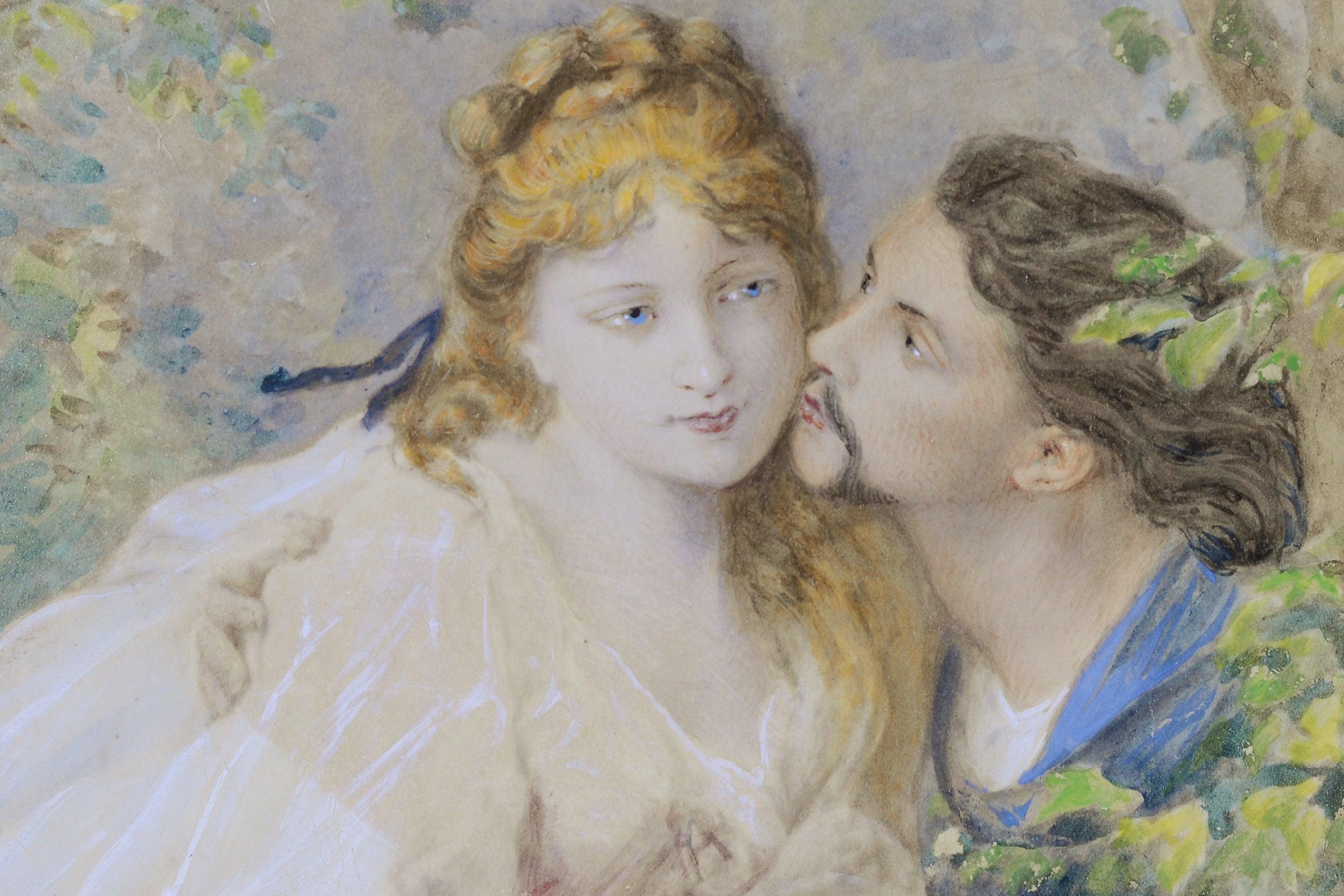 A painting of a man and a woman kissing in a garden.