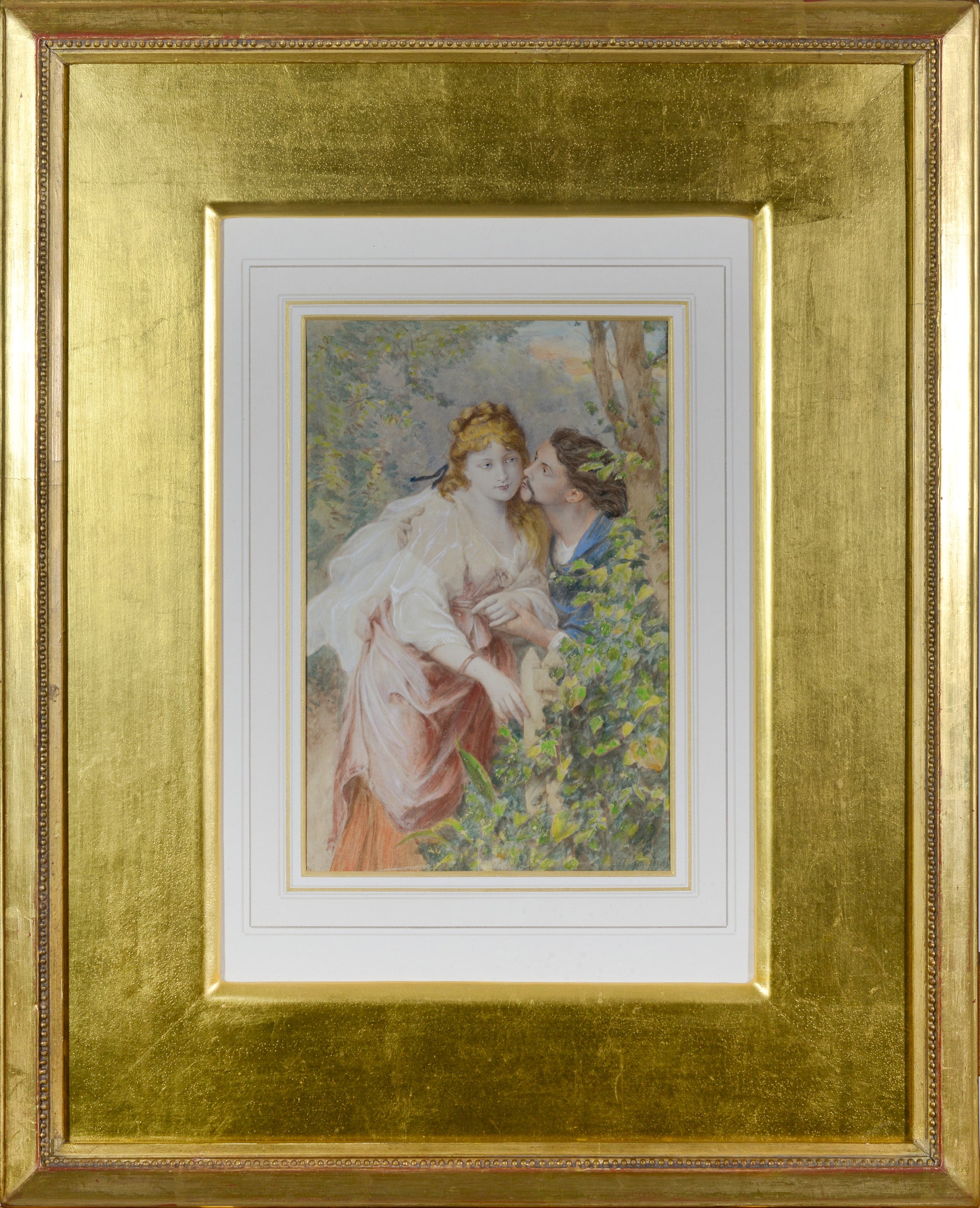 A painting of a man and a woman kissing in a garden.