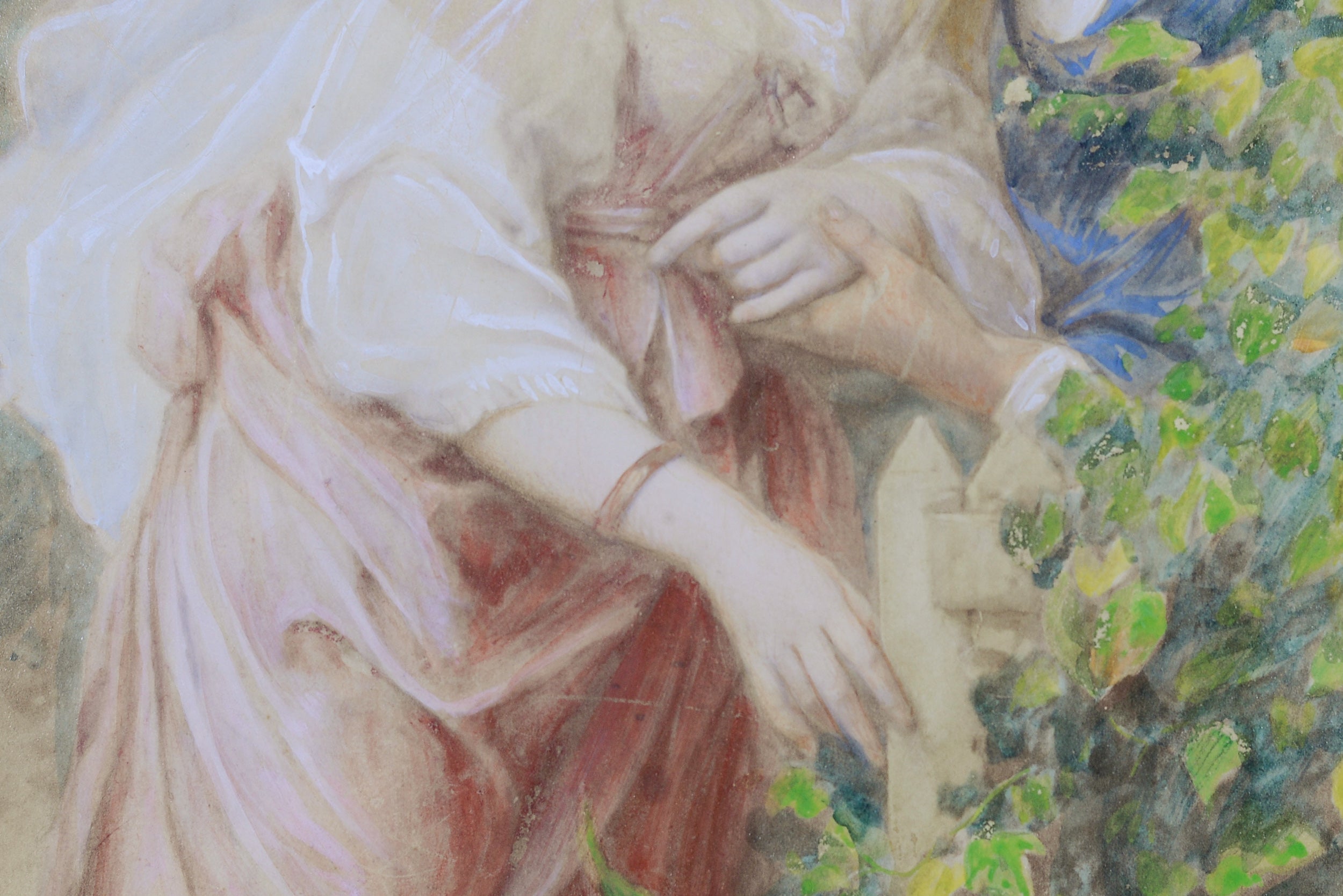 A painting of a man and a woman kissing in a garden.