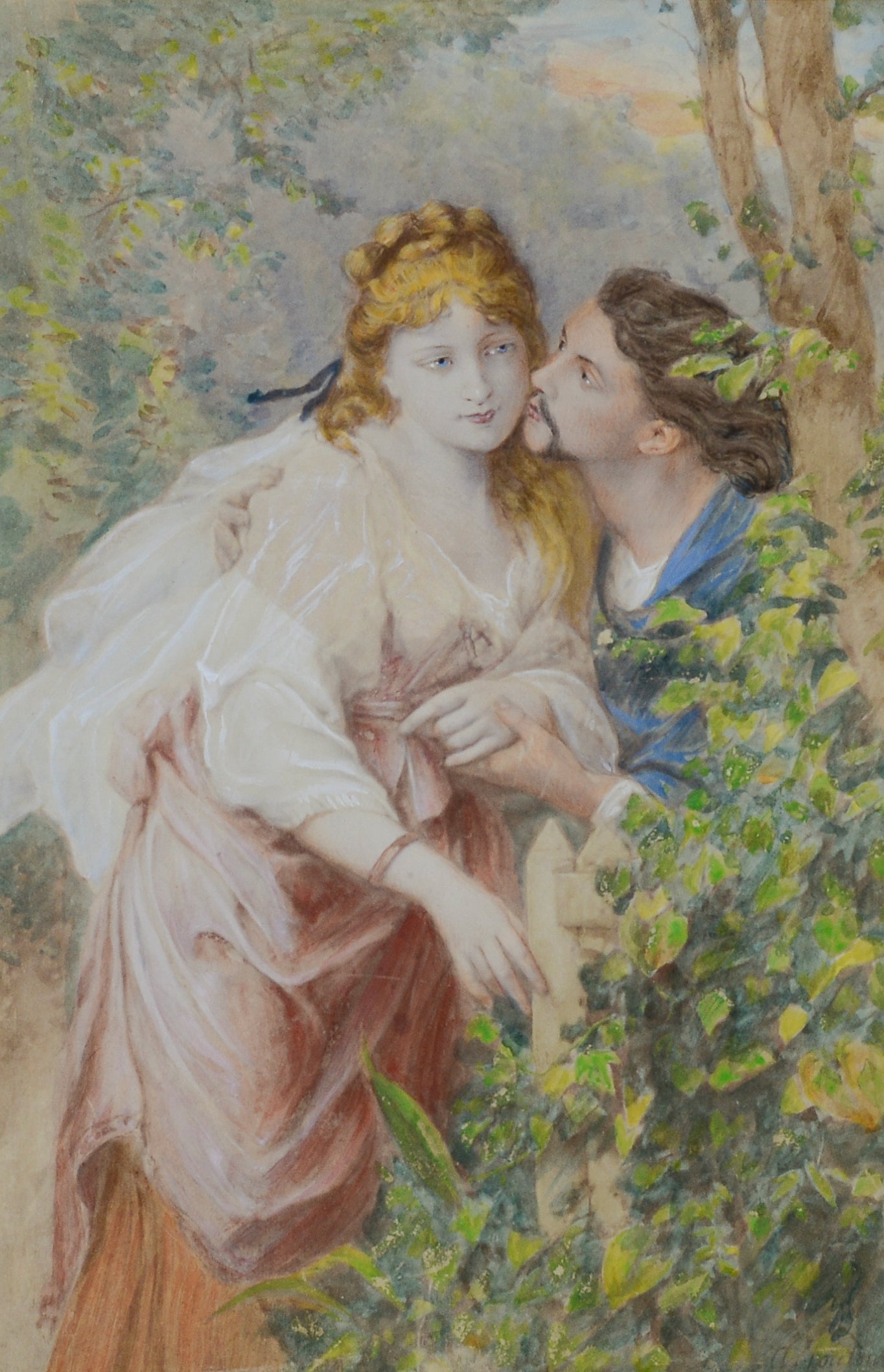 A painting of a man and a woman kissing in a garden.