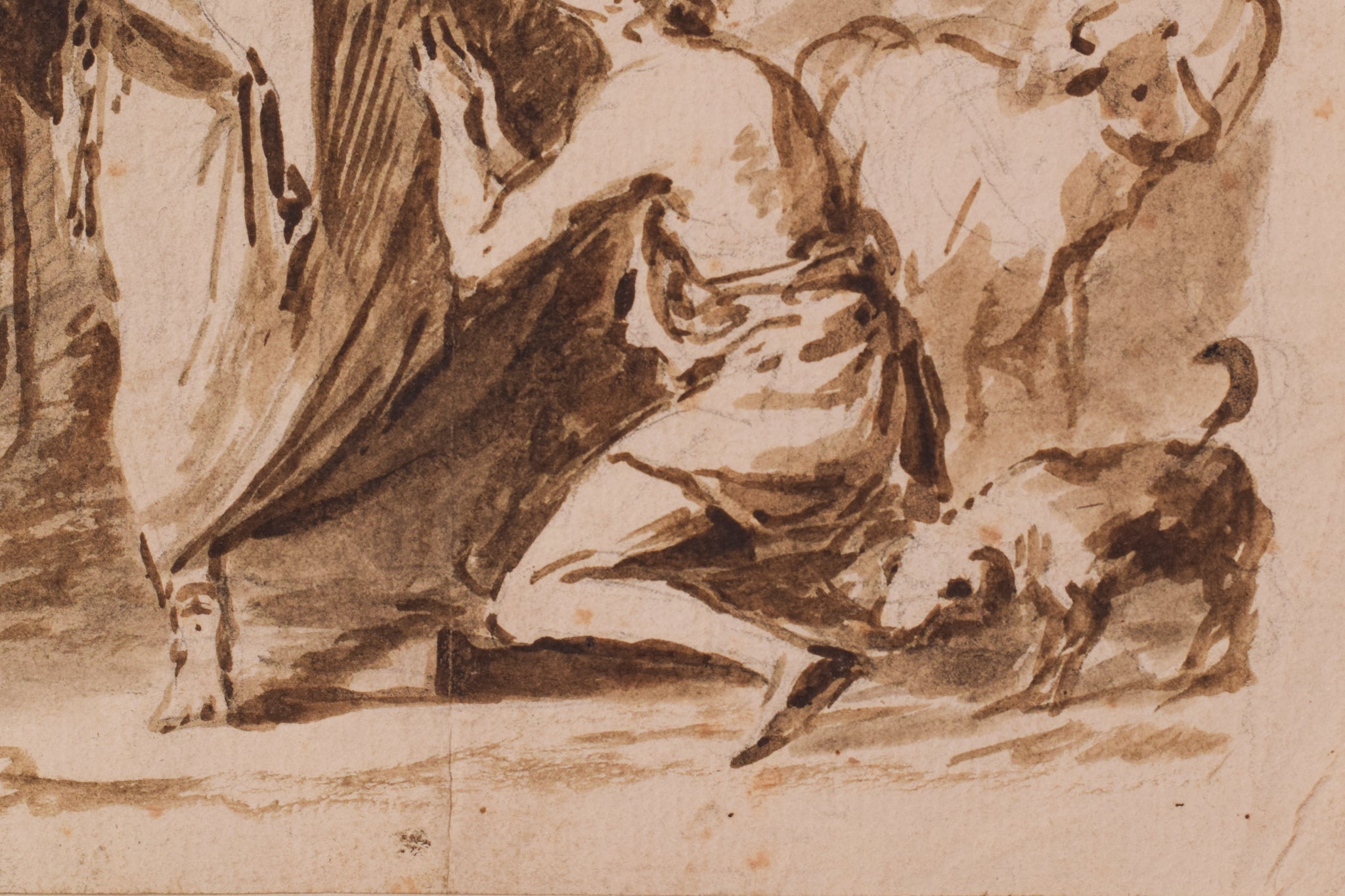 A drawing of a man kneeling down next to a dog.