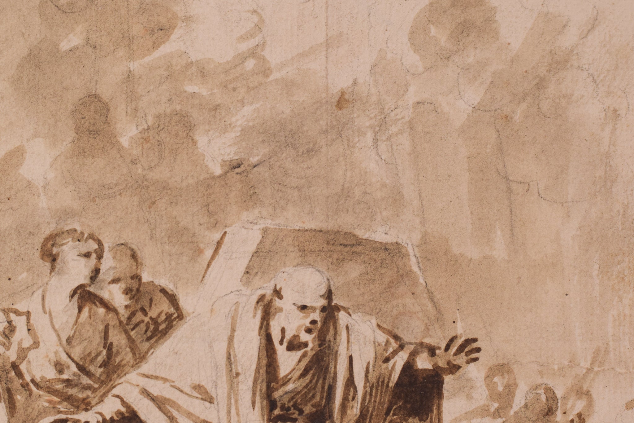 A drawing of a man kneeling down next to a dog.