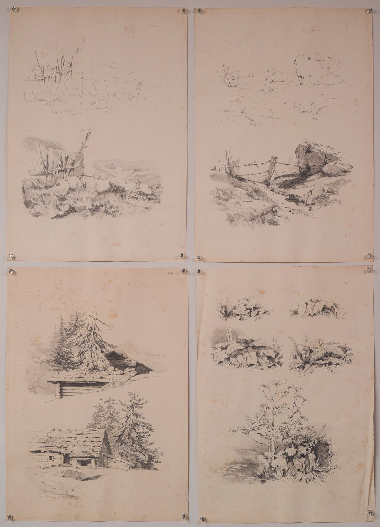 A set of four drawings on a piece of paper.