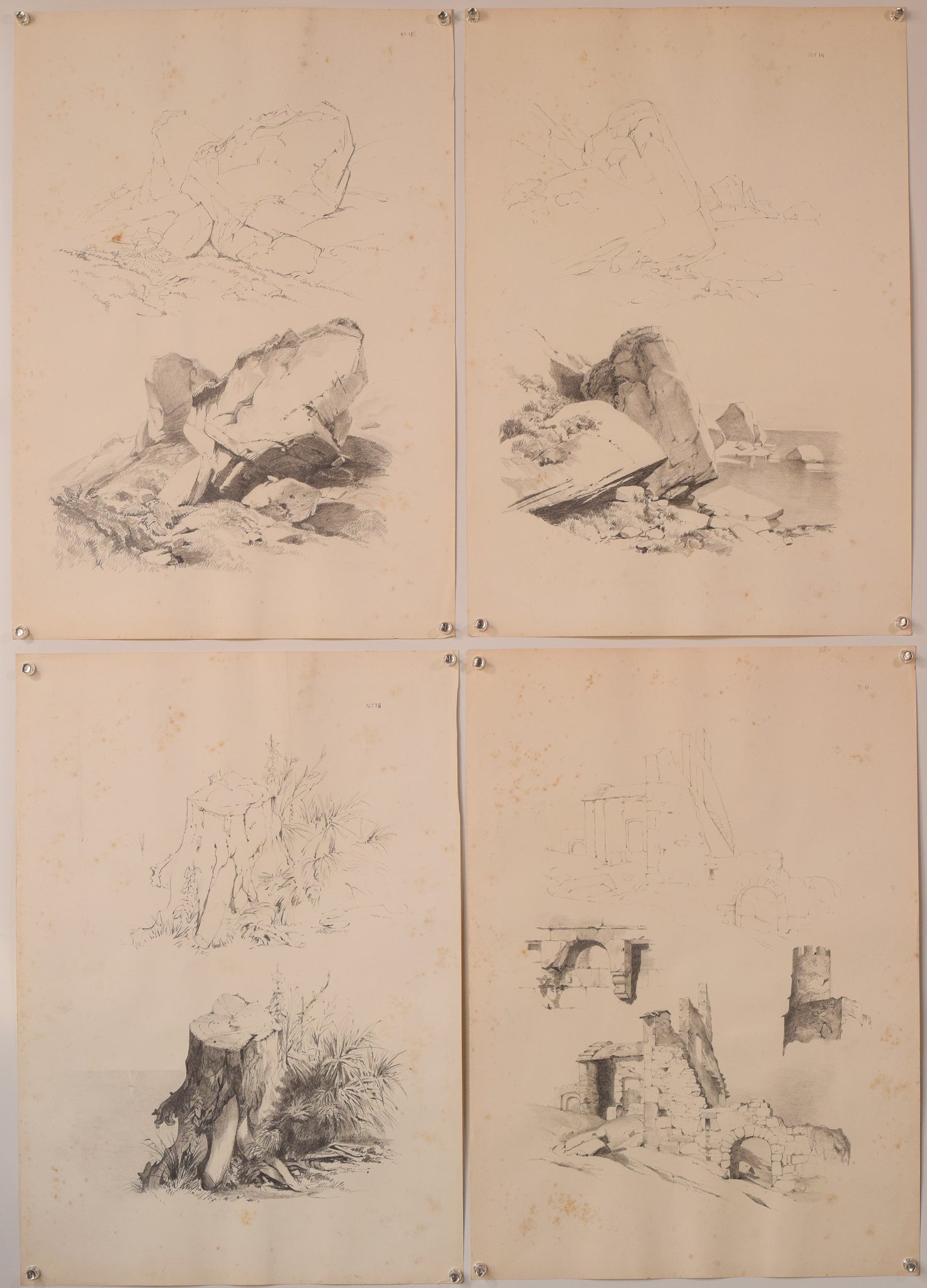 A set of four drawings on a piece of paper.