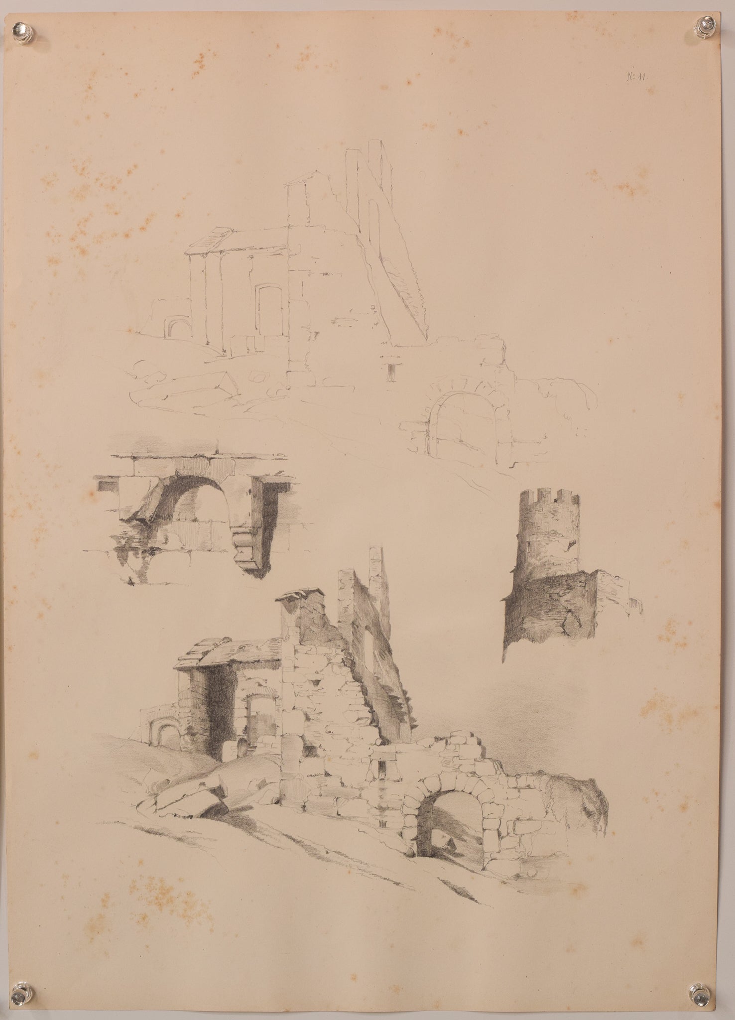 A set of four drawings on a piece of paper.