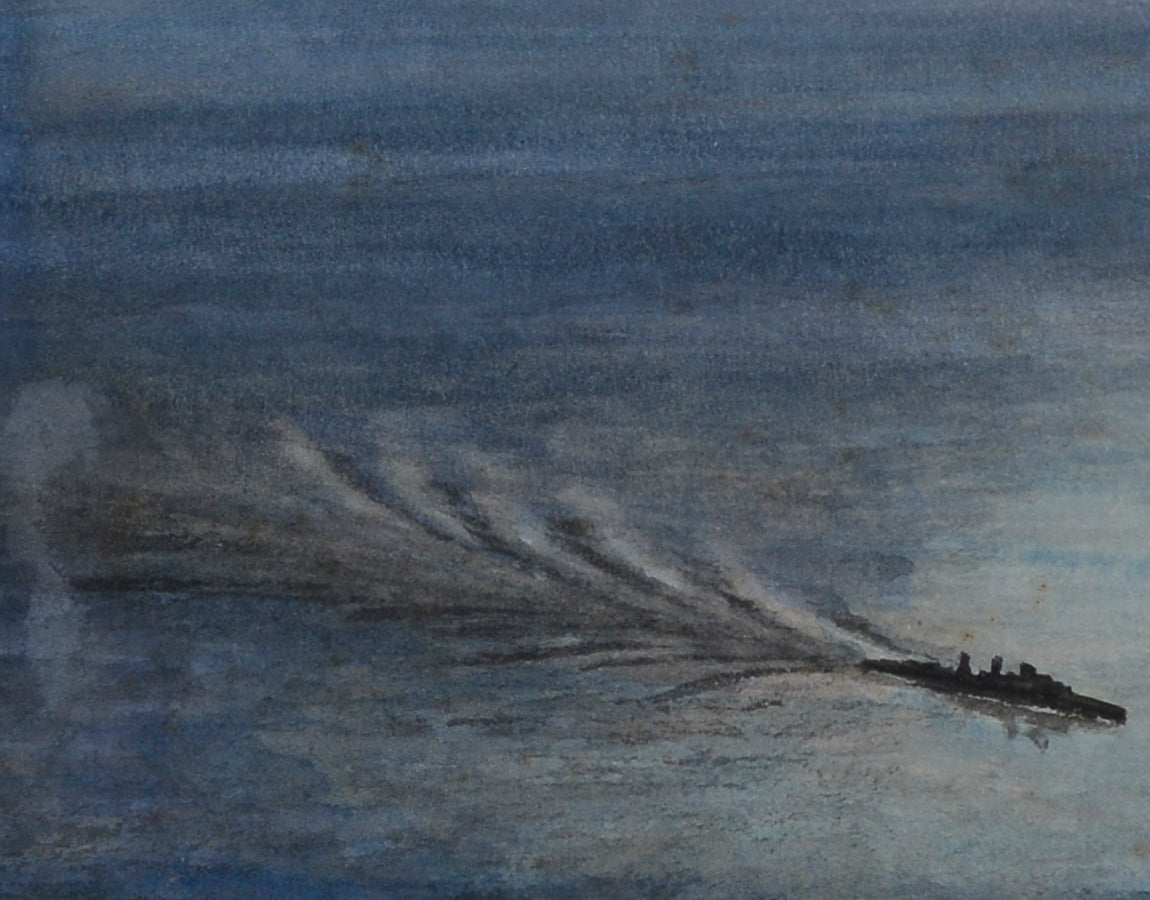 A painting of an airplane flying over a body of water.