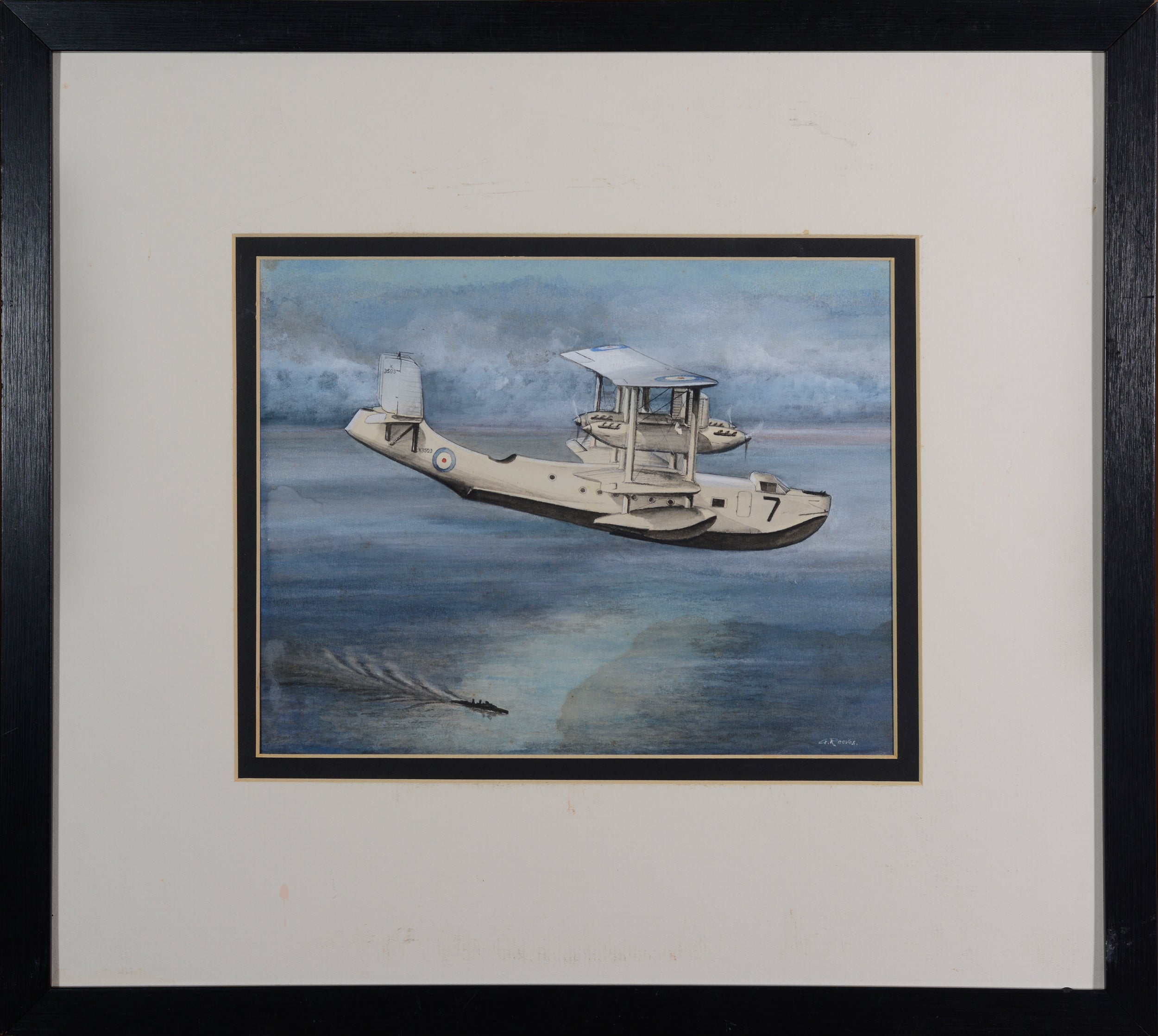 A painting of an airplane flying over a body of water.