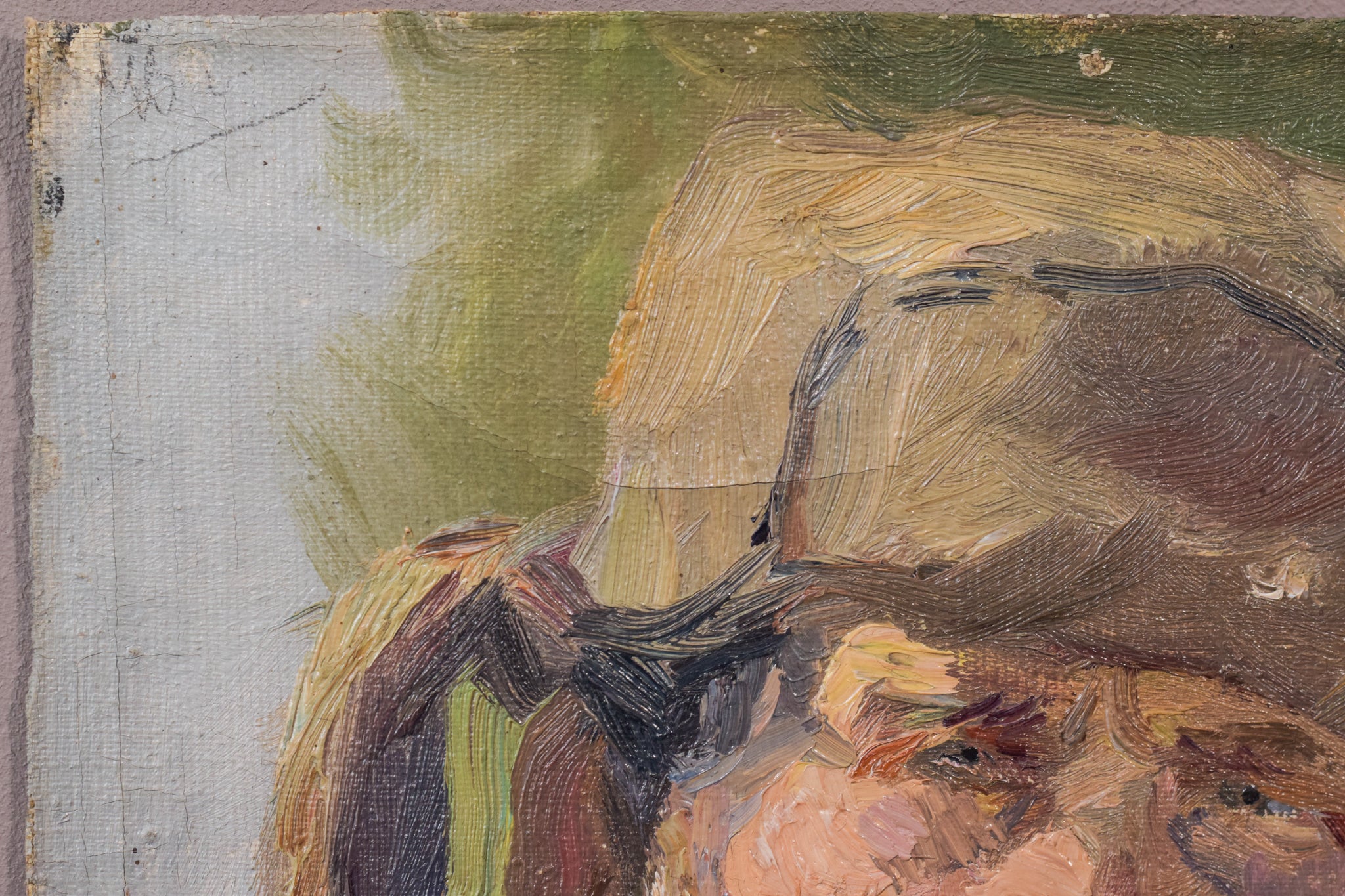 A painting of a man wearing a hat and scarf.