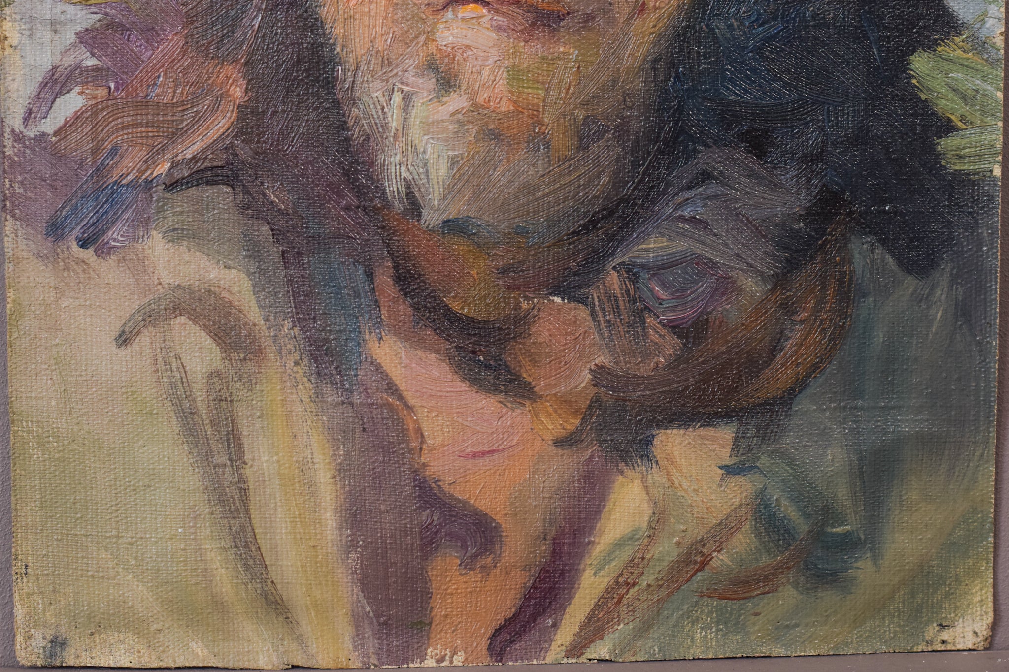 A painting of a man wearing a hat and scarf.