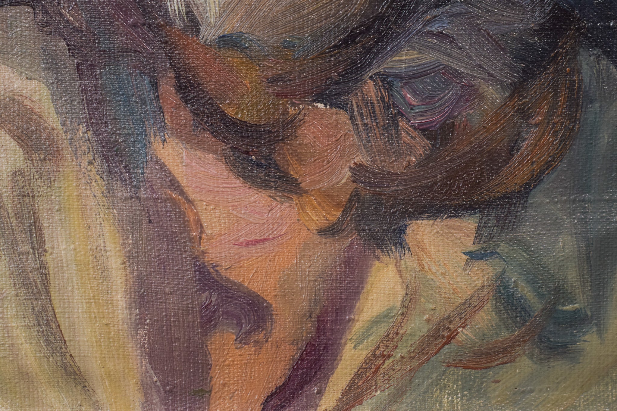 A painting of a man wearing a hat and scarf.