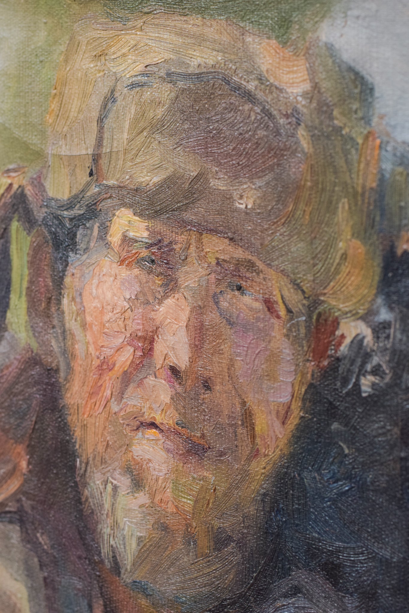 A painting of a man wearing a hat and scarf.