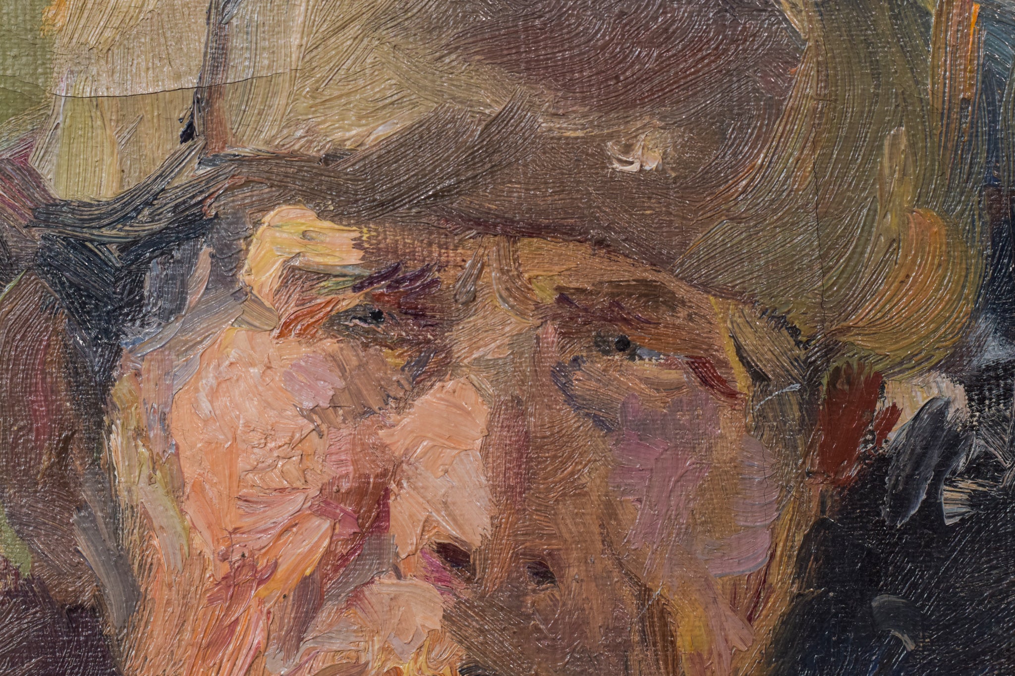 A painting of a man wearing a hat and scarf.