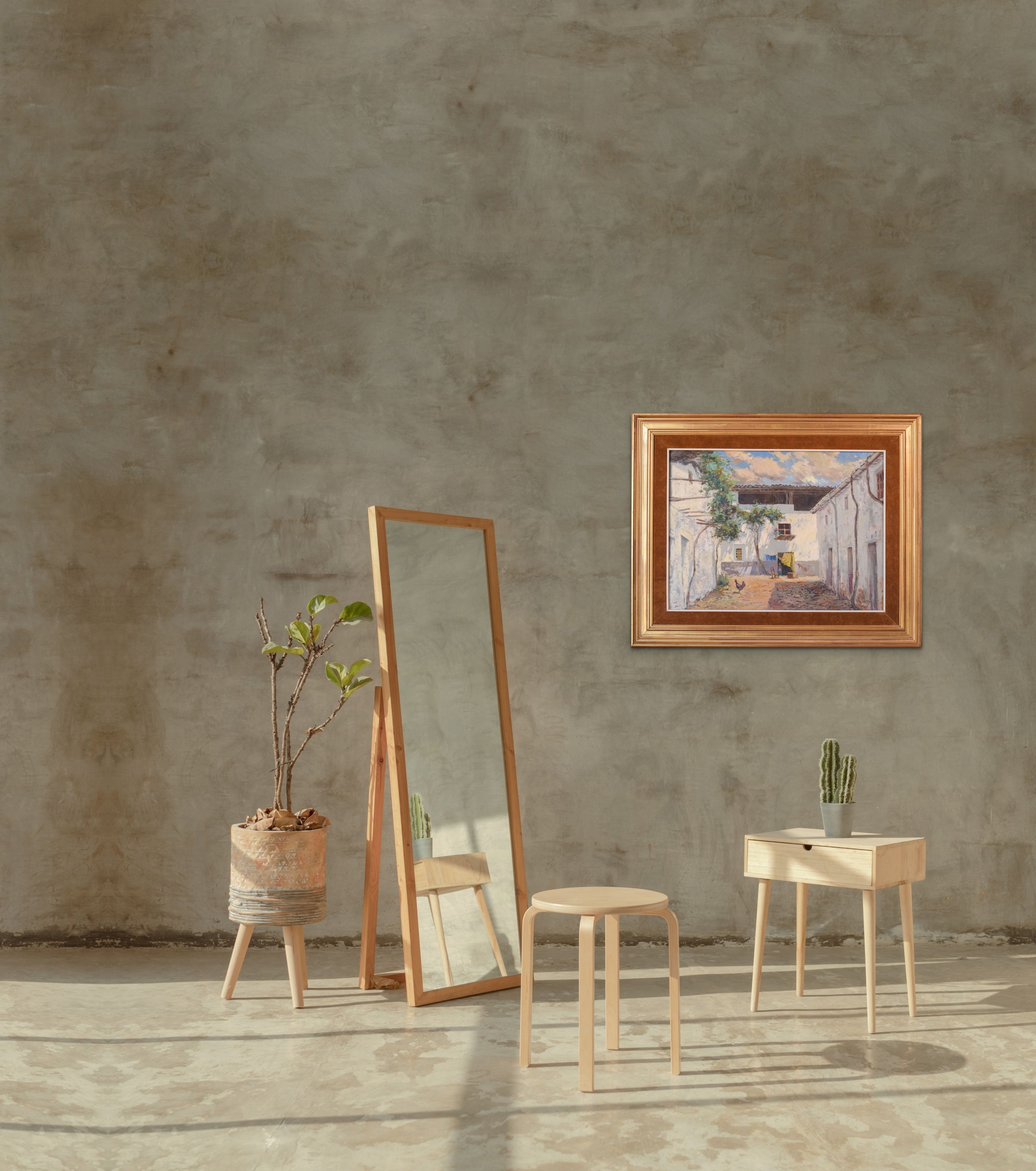 A painting of a courtyard with a rooster in the foreground.