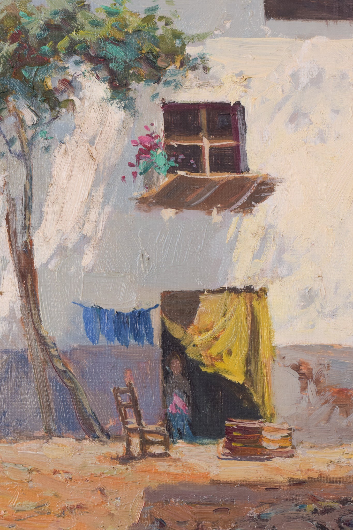A painting of a courtyard with a rooster in the foreground.