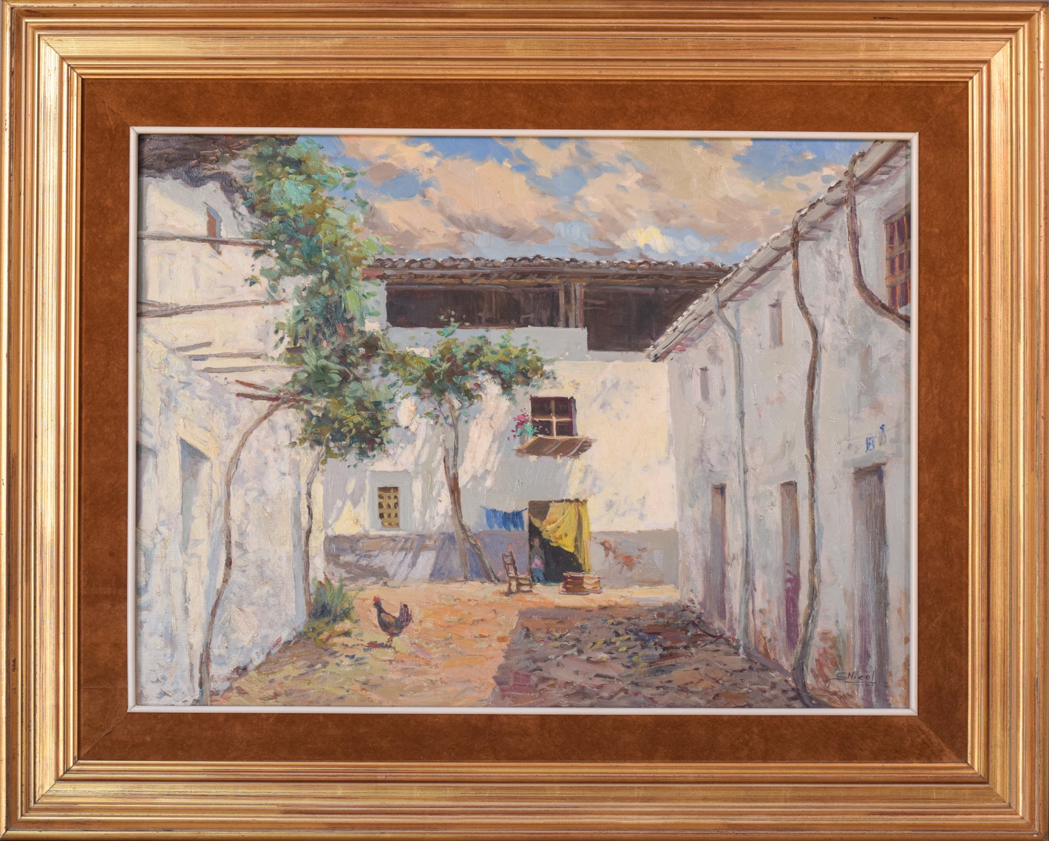 A painting of a courtyard with a rooster in the foreground.