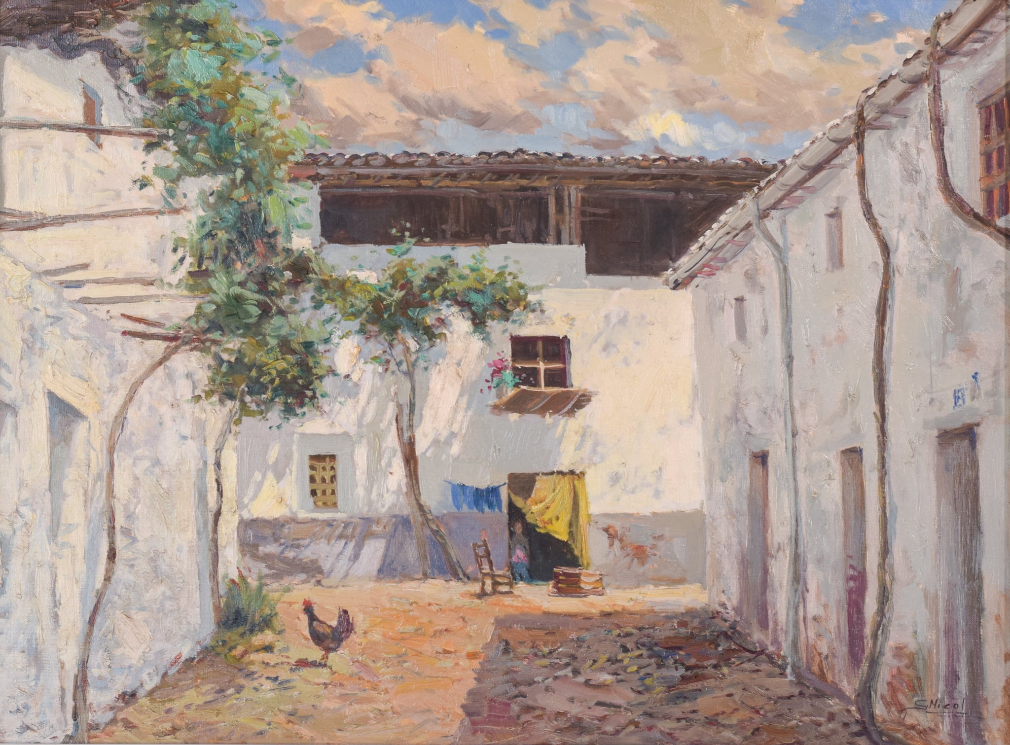 A painting of a courtyard with a rooster in the foreground.
