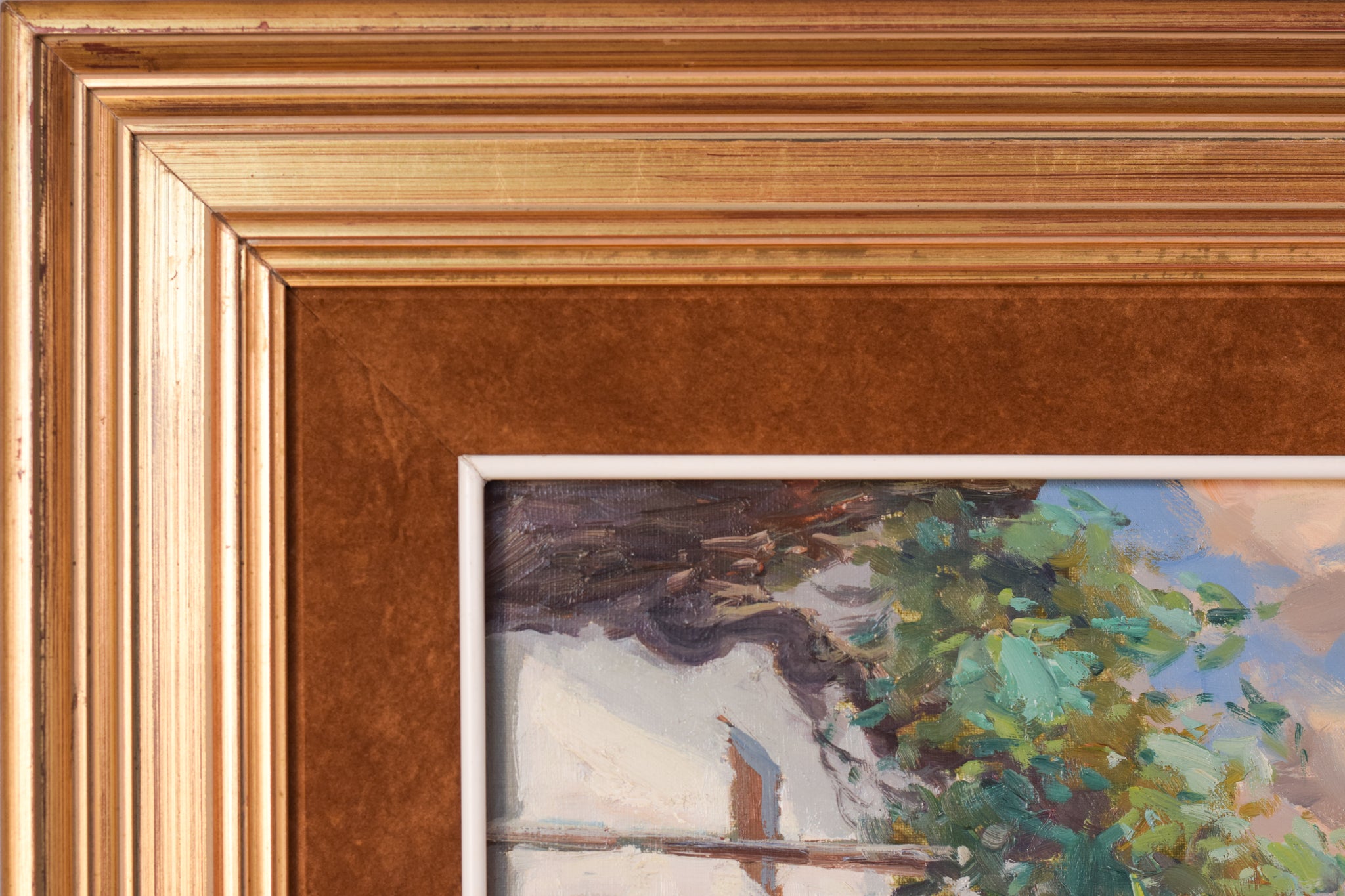 A painting of a courtyard with a rooster in the foreground.