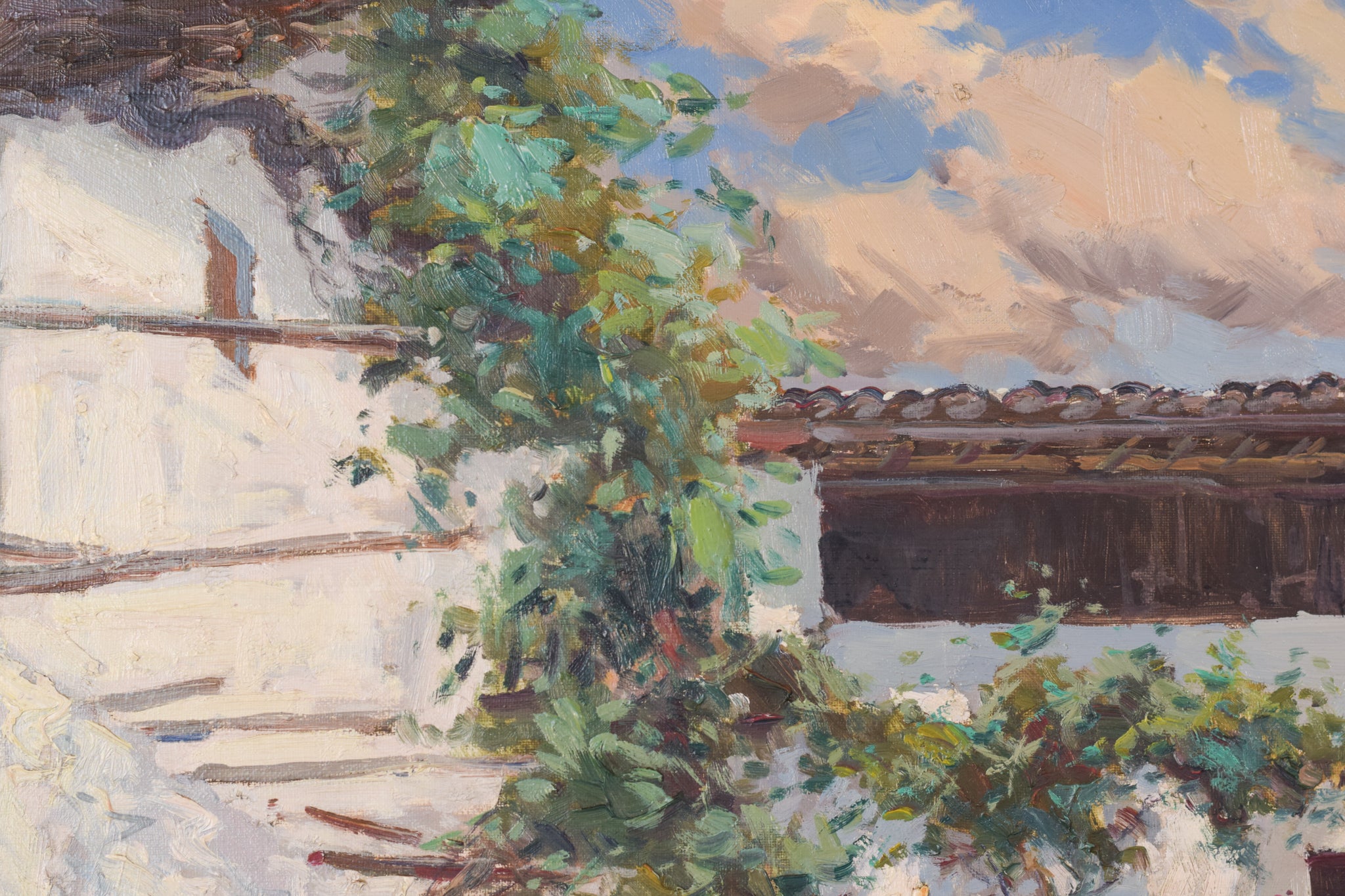 A painting of a courtyard with a rooster in the foreground.