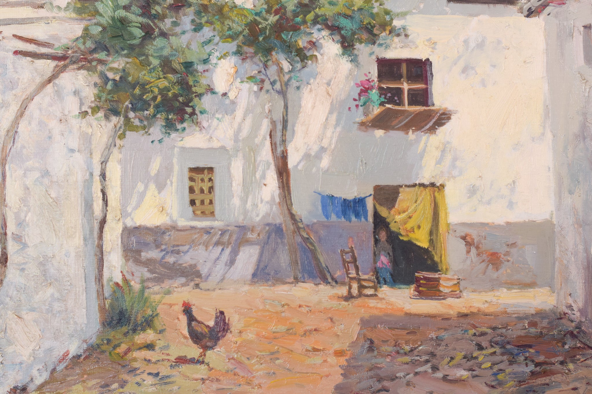 A painting of a courtyard with a rooster in the foreground.