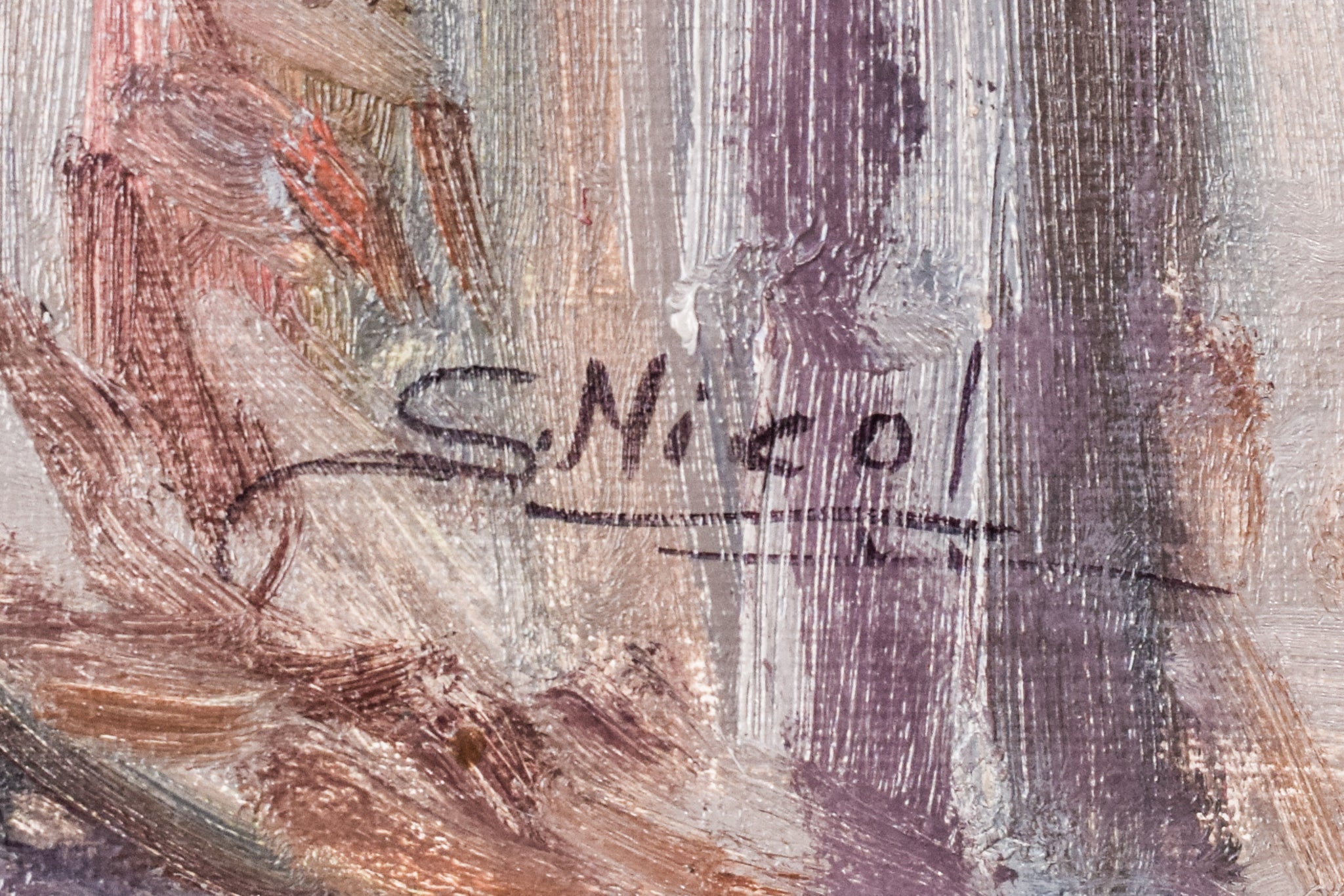 A painting of a courtyard with a rooster in the foreground.