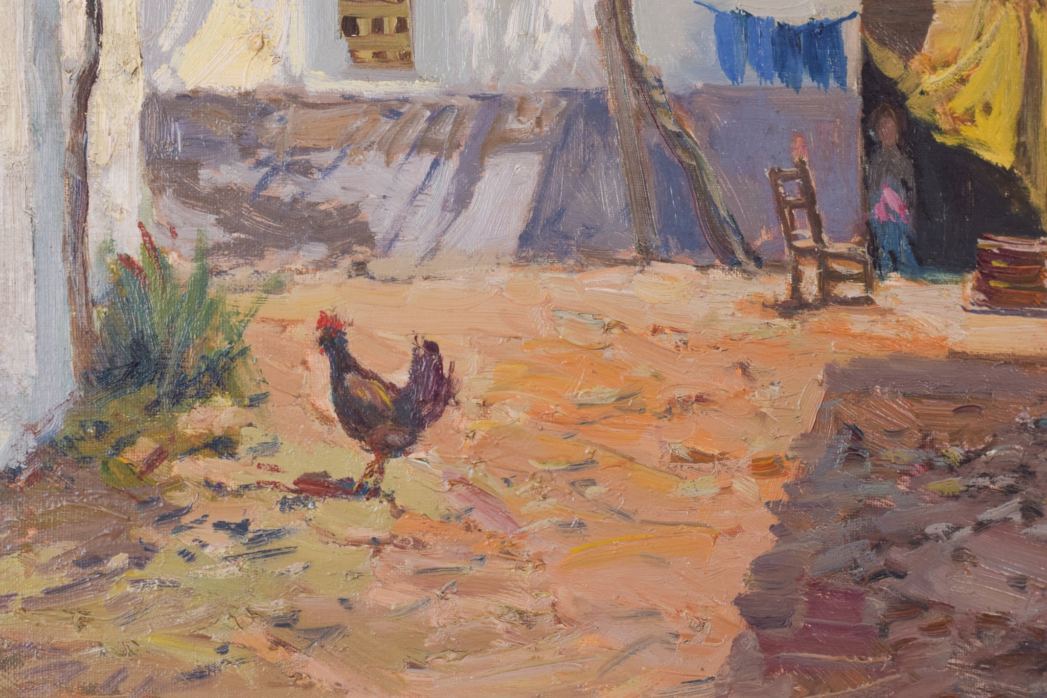 A painting of a courtyard with a rooster in the foreground.
