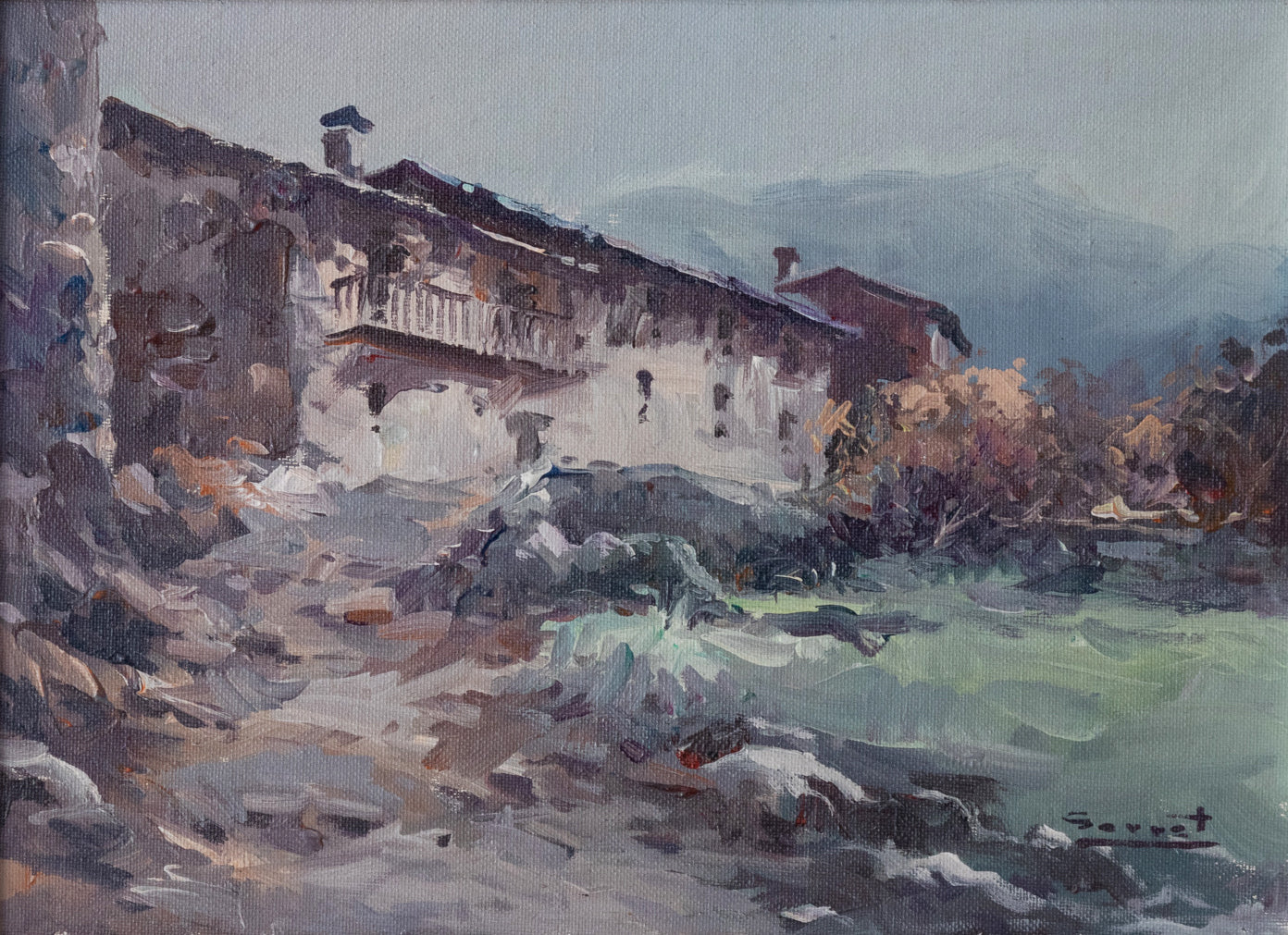 A painting of an old building in the mountains.