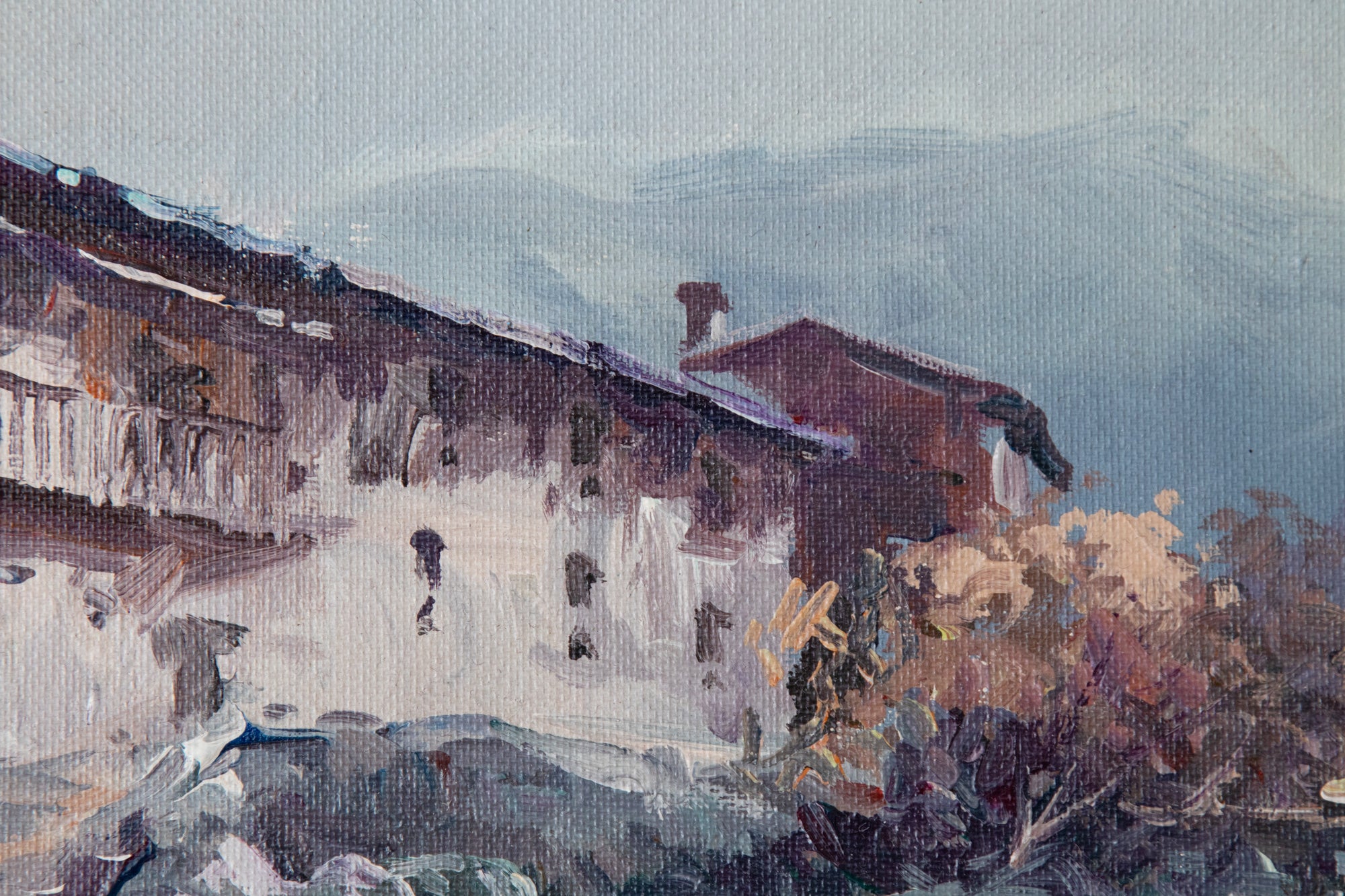 A painting of an old building in the mountains.