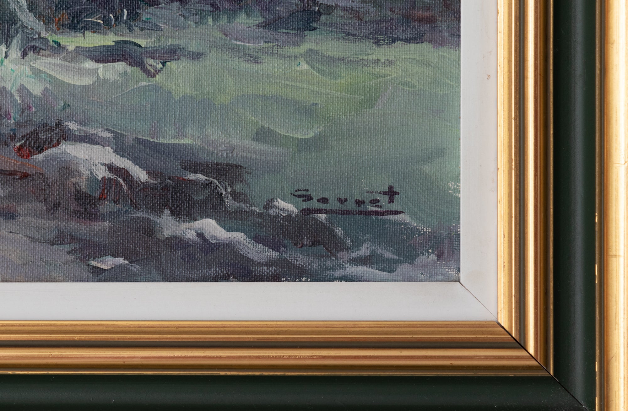 A painting of an old building in the mountains.