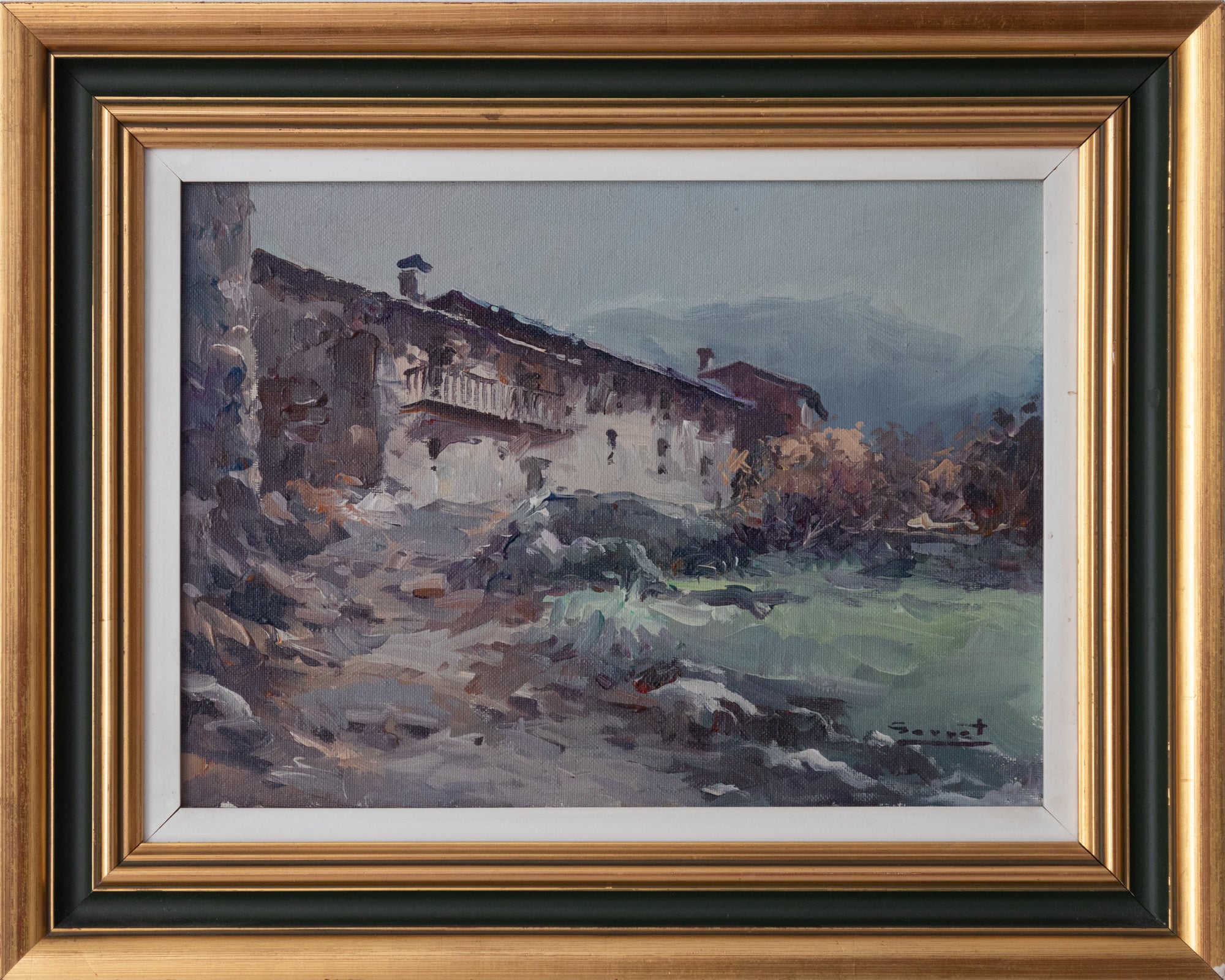 A painting of an old building in the mountains.
