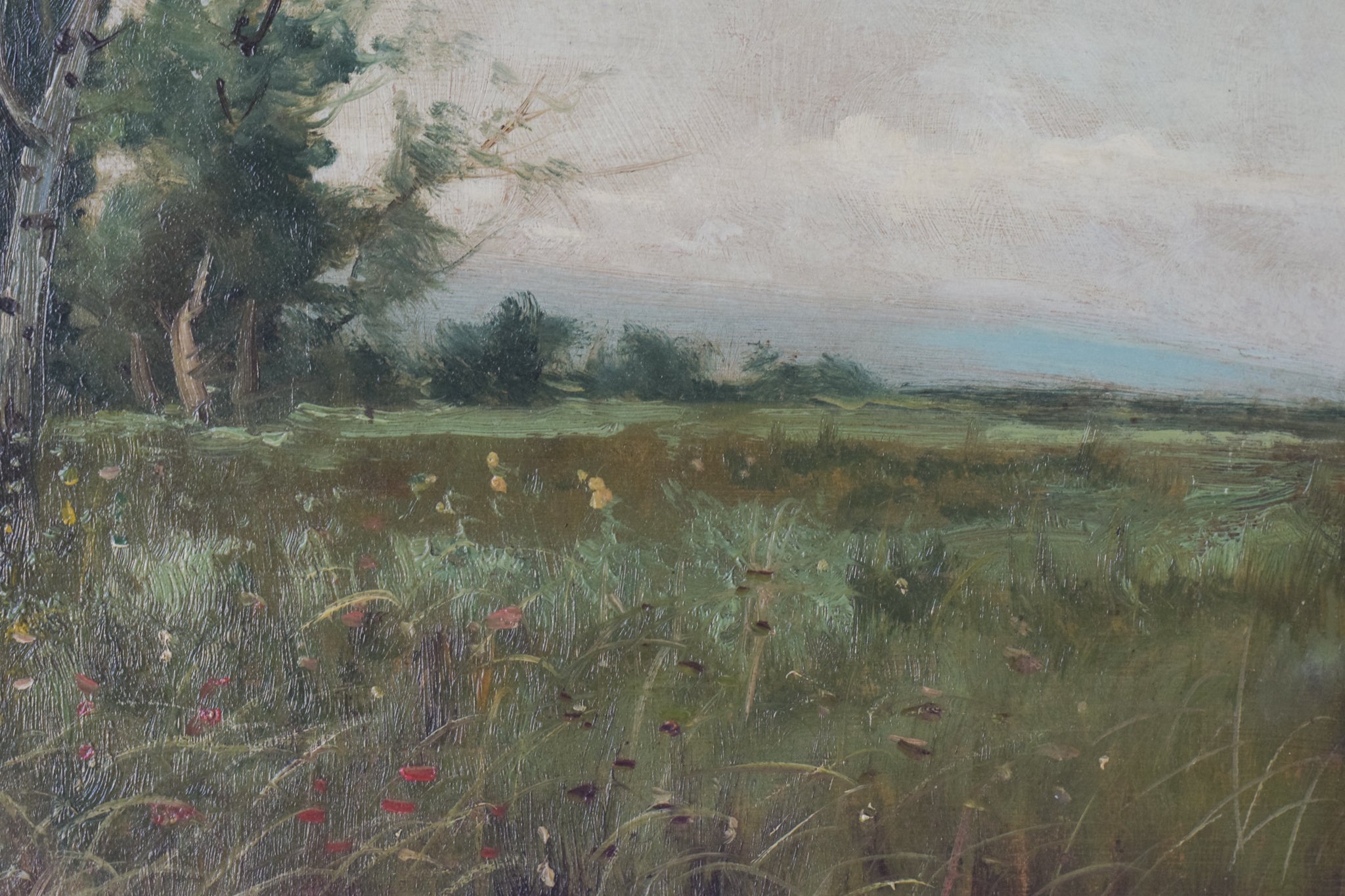 A painting of an old house in the middle of a field.