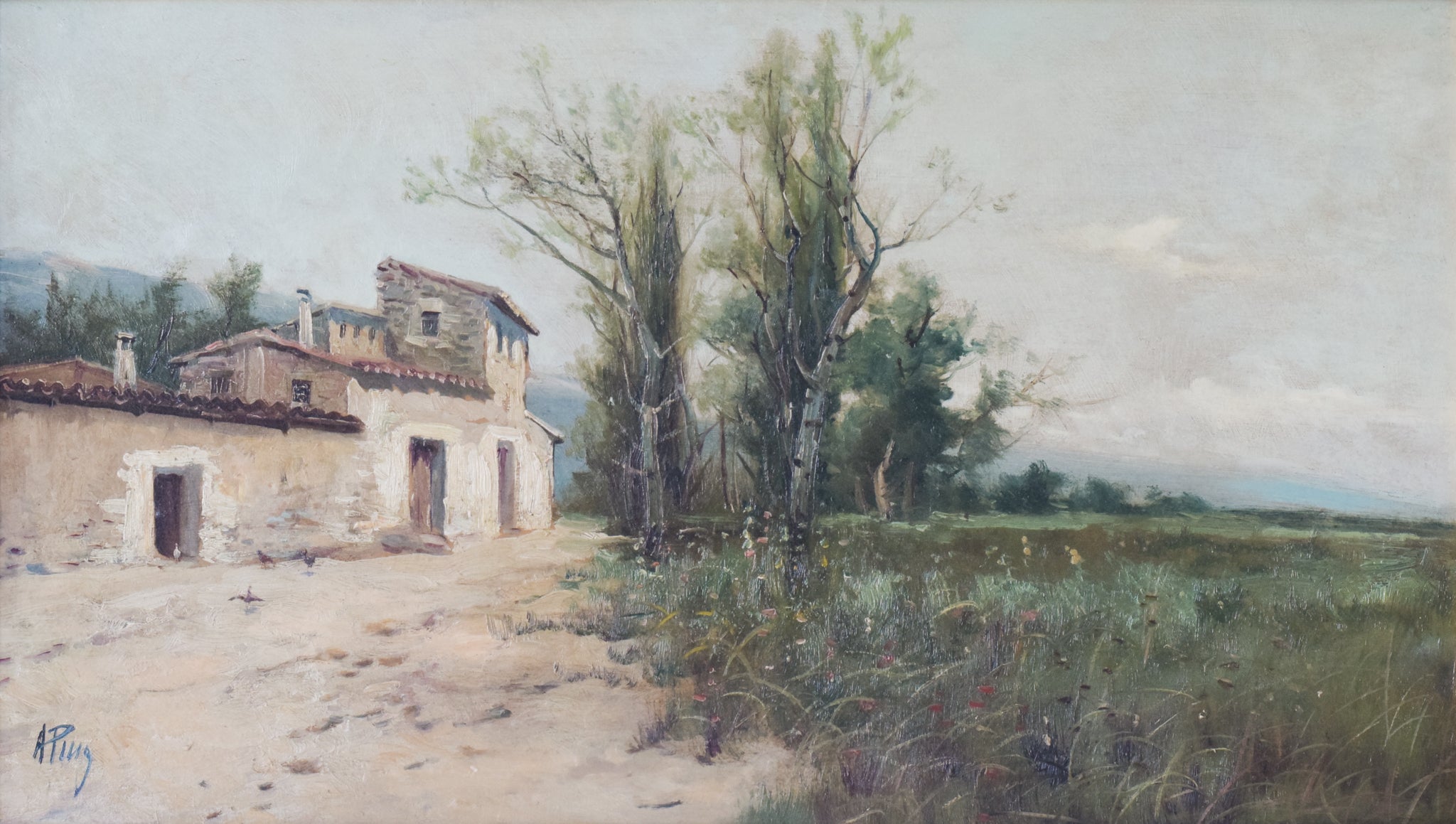 A painting of an old house in the middle of a field.