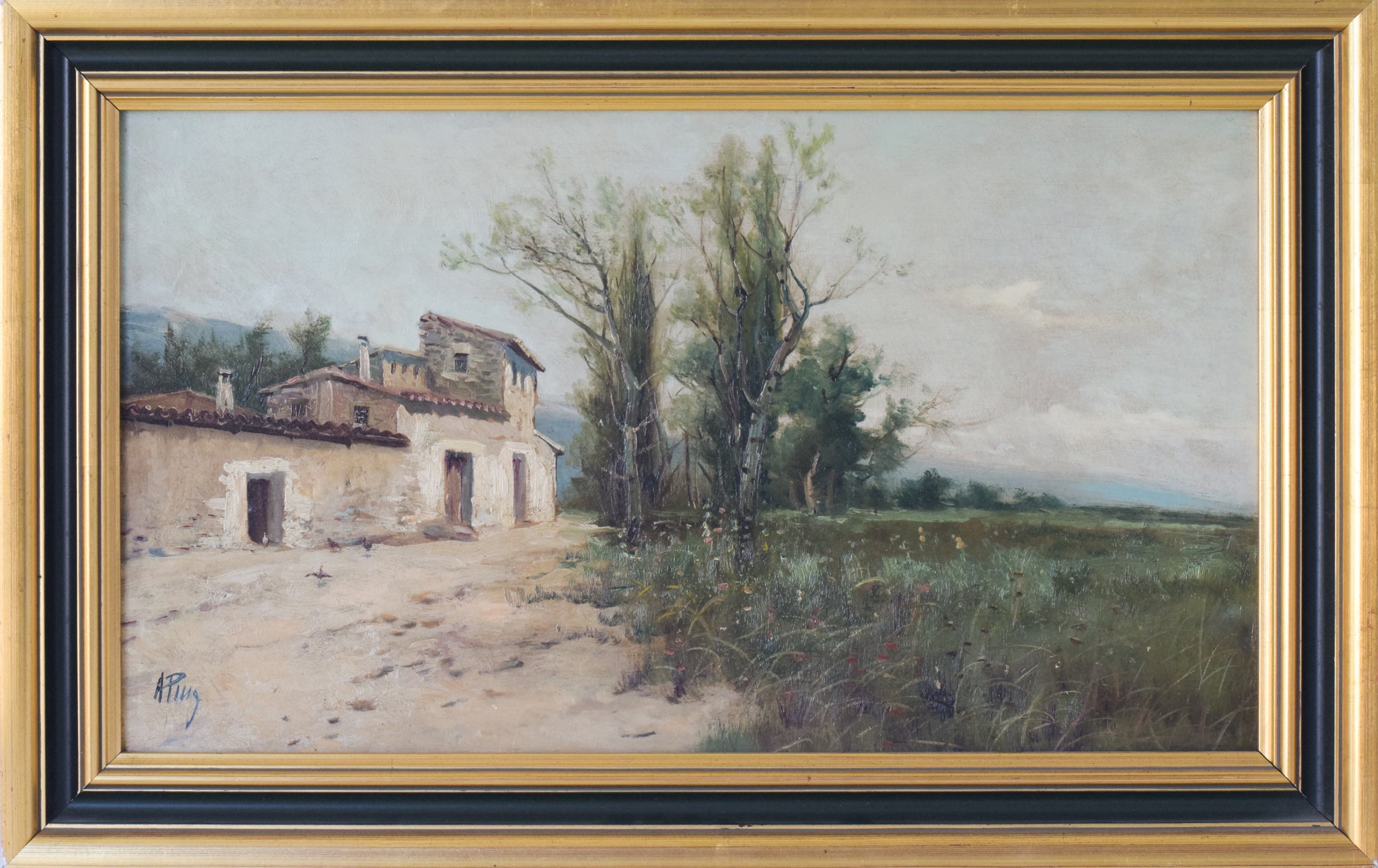 A painting of an old house in the middle of a field.