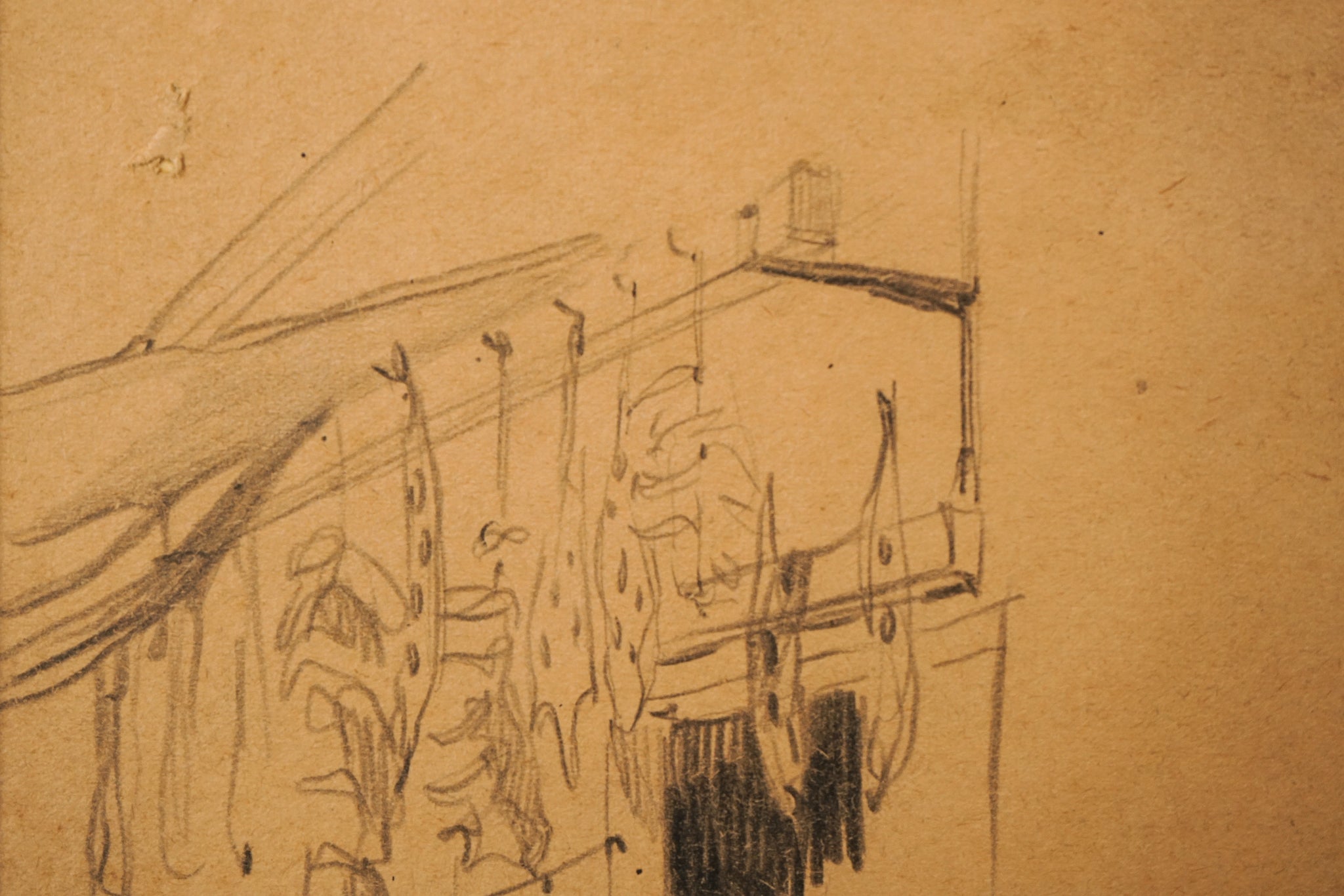 A drawing of a kitchen with pots and pans on the counter.