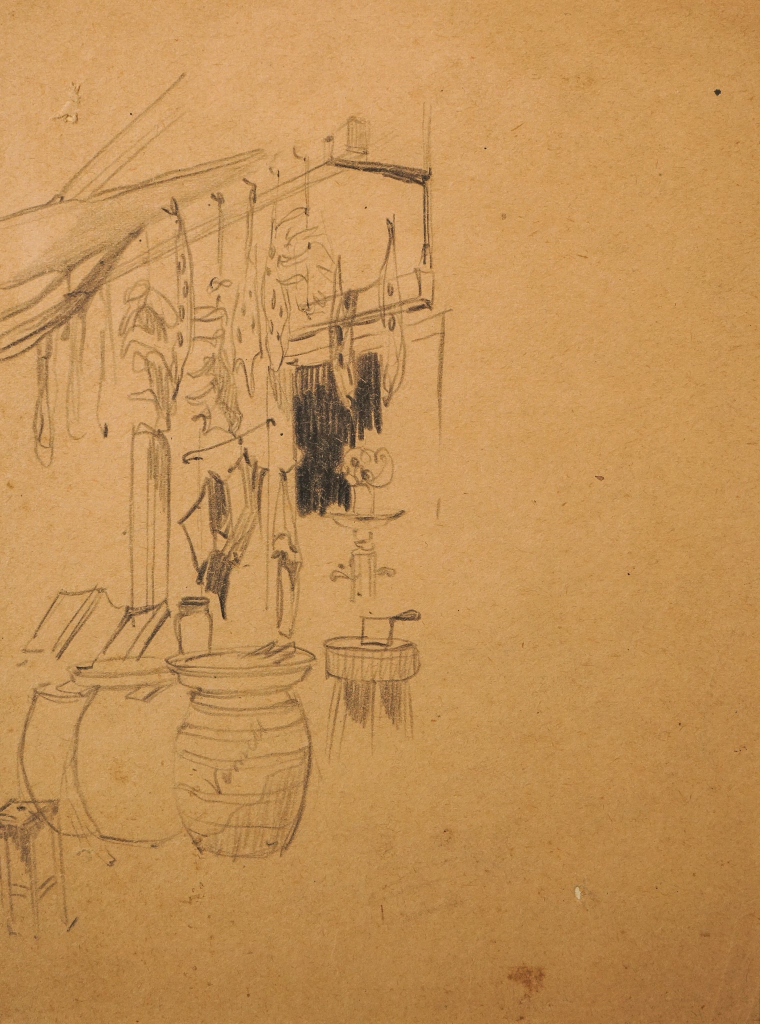 A drawing of a kitchen with pots and pans on the counter.