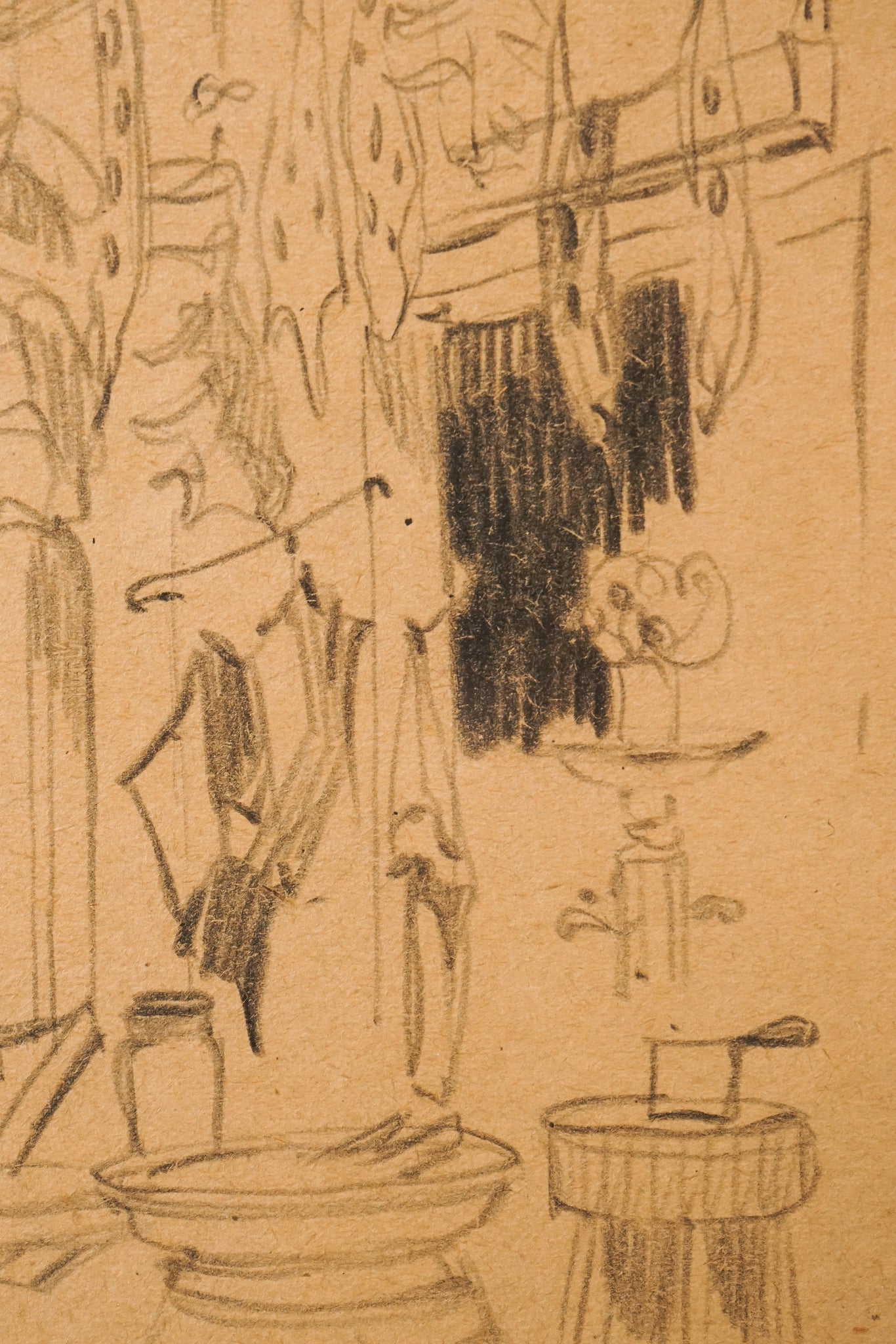 A drawing of a kitchen with pots and pans on the counter.