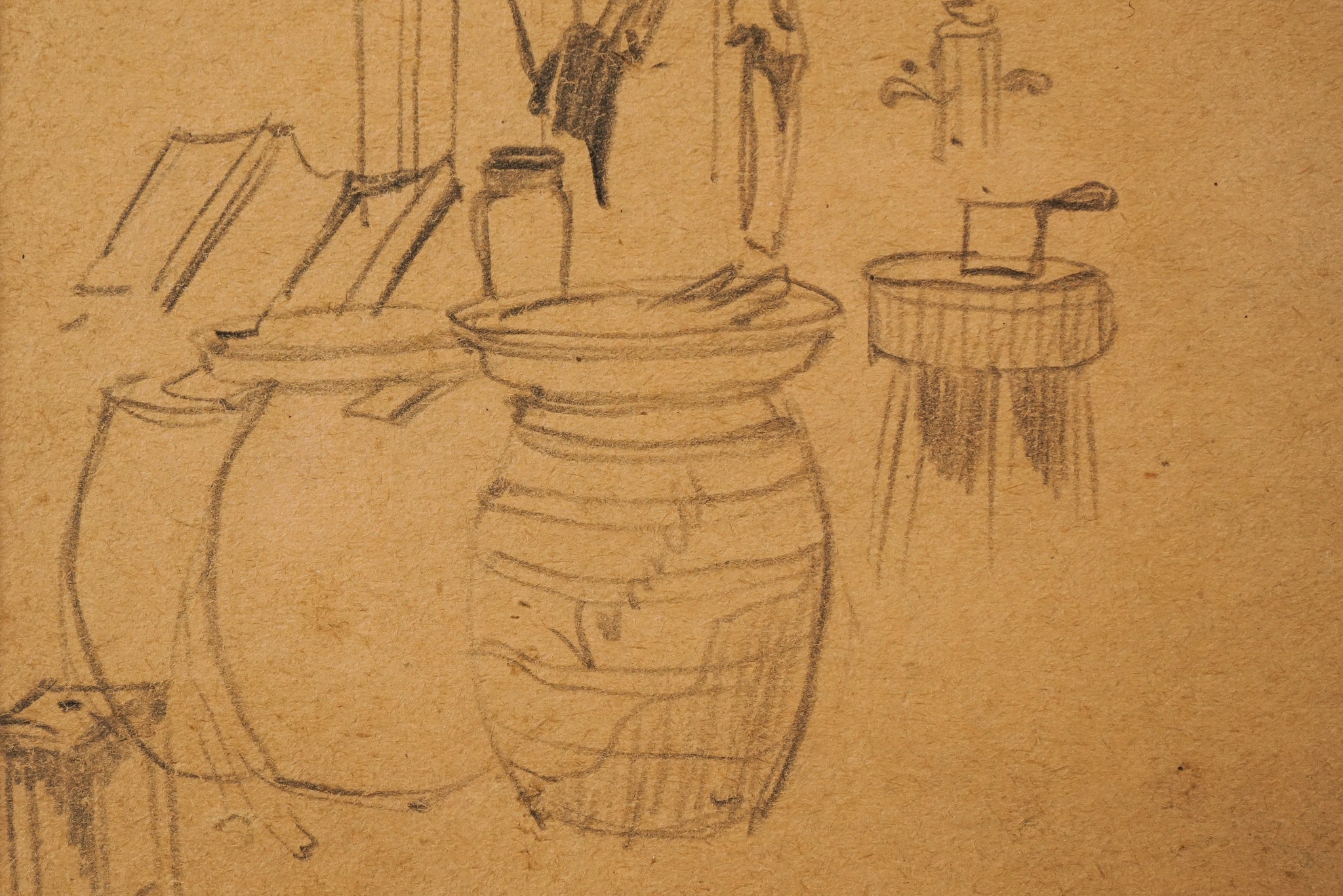 A drawing of a kitchen with pots and pans on the counter.