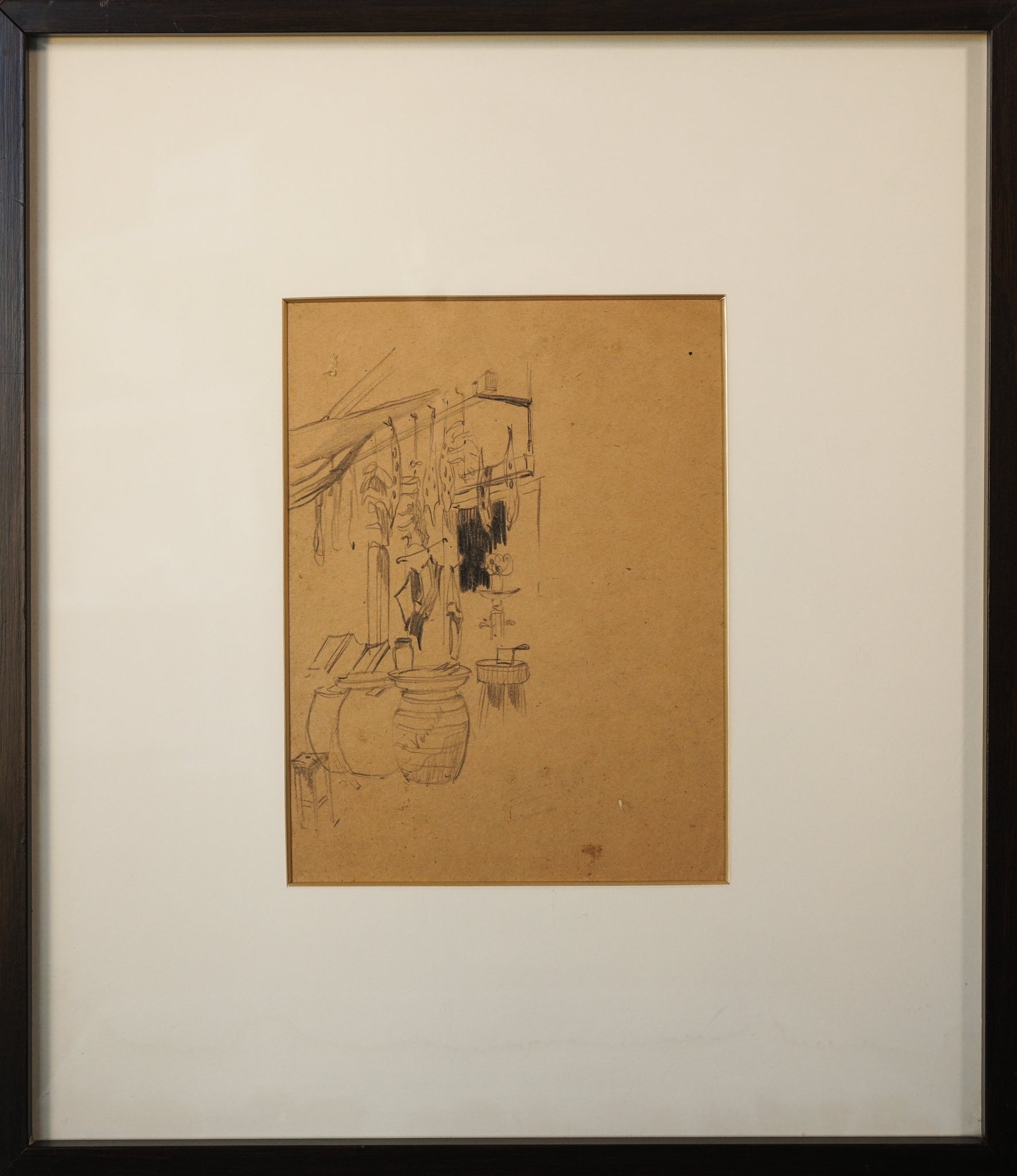 A drawing of a kitchen with pots and pans on the counter.