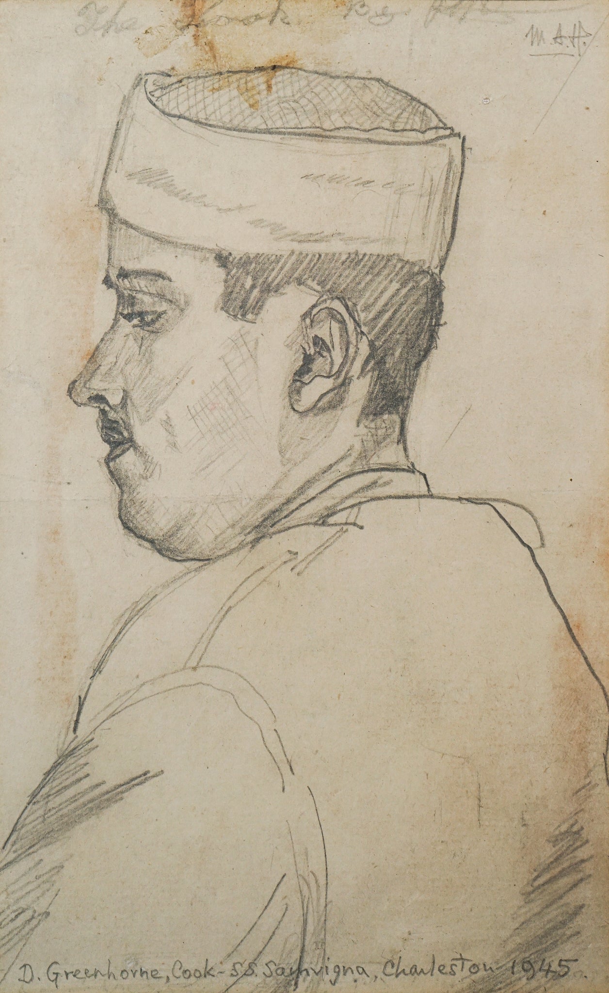 A drawing of a man wearing a hat. 