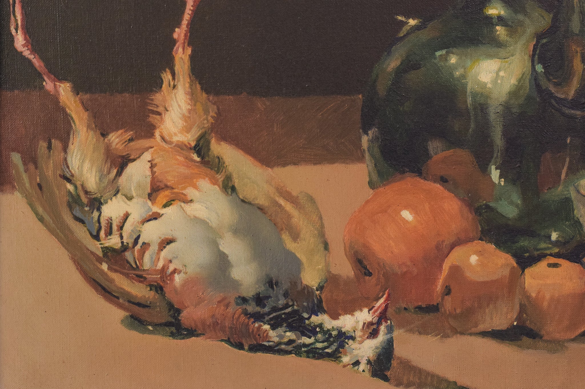 A painting of a still life of vegetables and a vase on a table.
