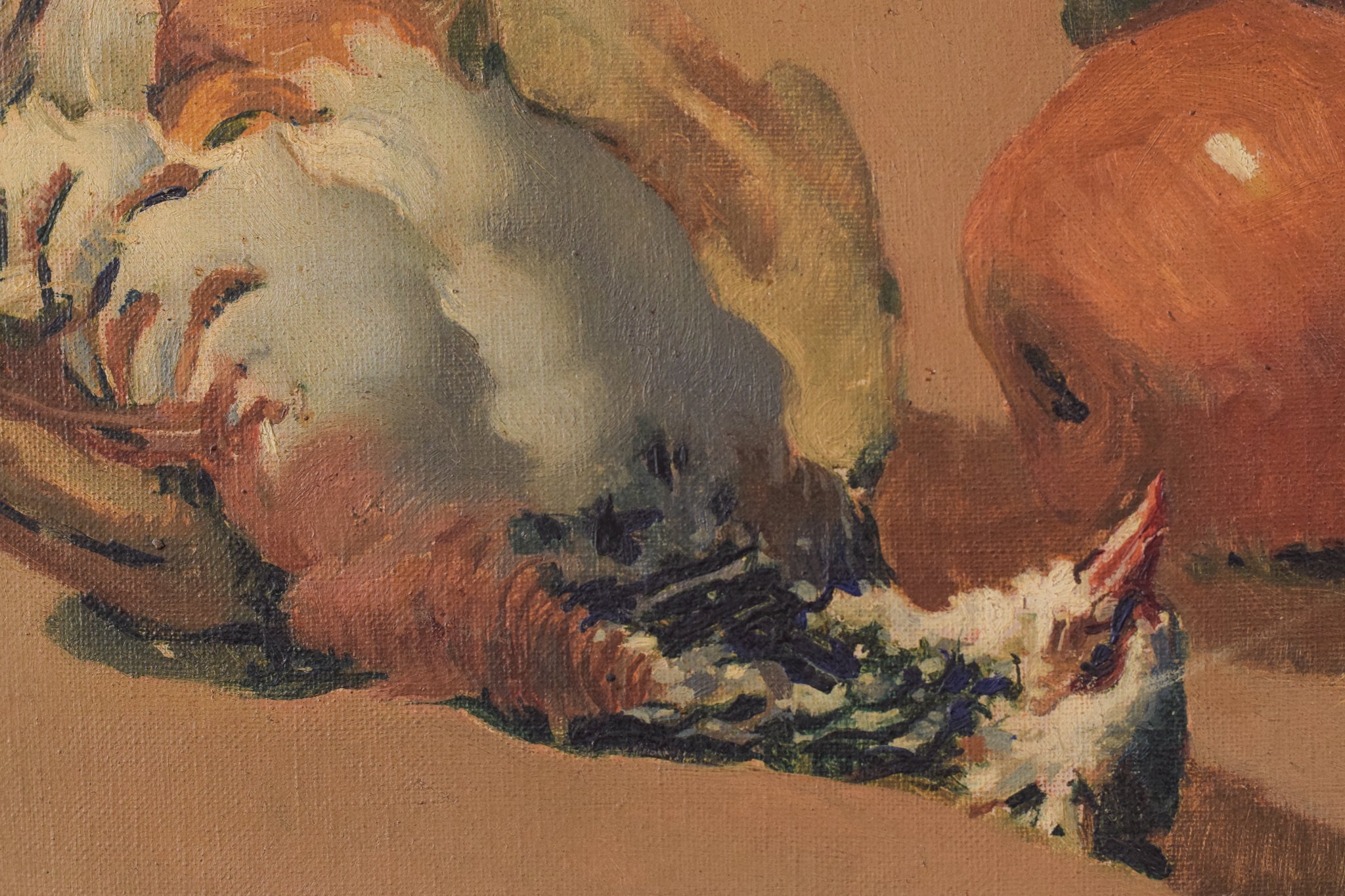 A painting of a still life of vegetables and a vase on a table.