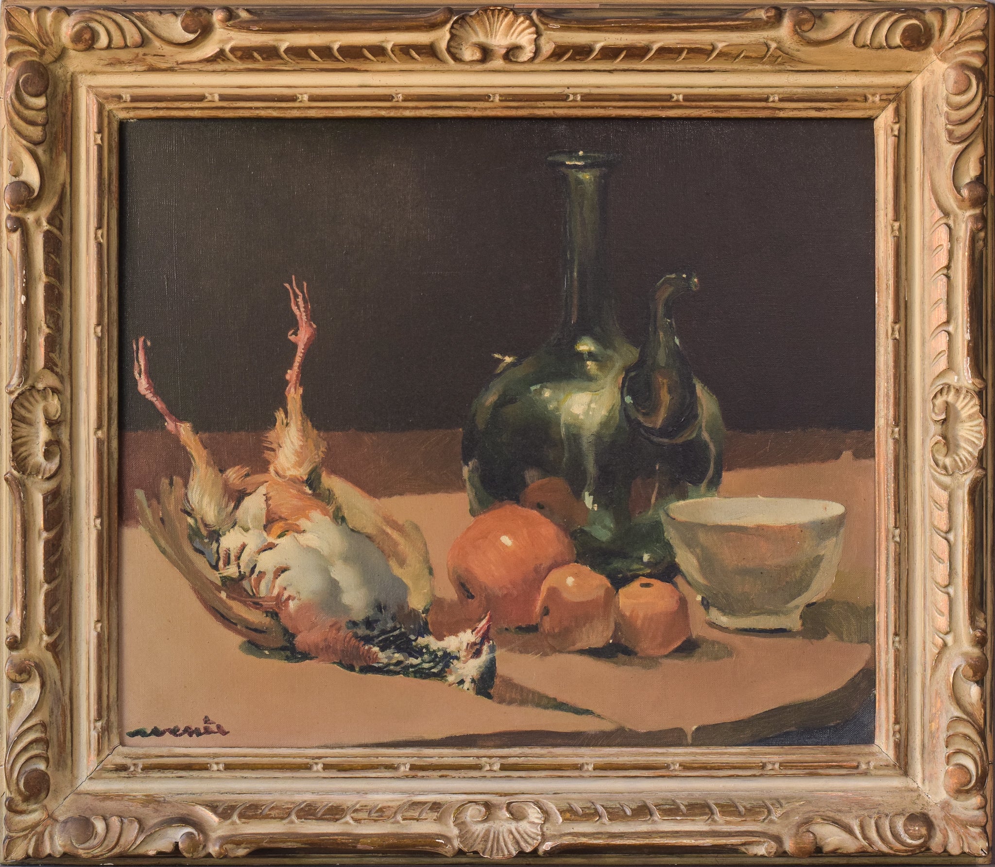 A painting of a still life of vegetables and a vase on a table.
