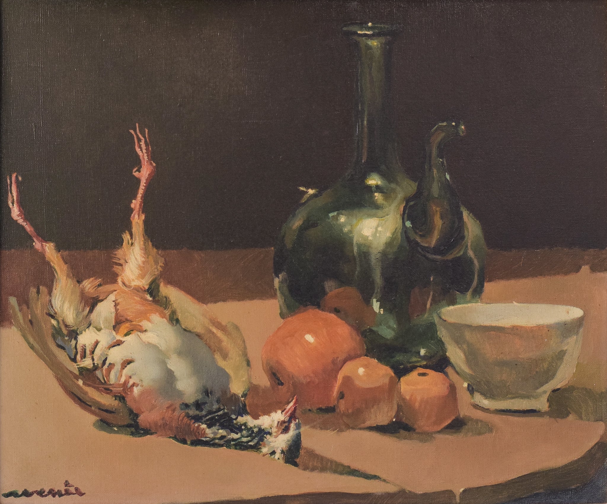 A painting of a still life of vegetables and a vase on a table.