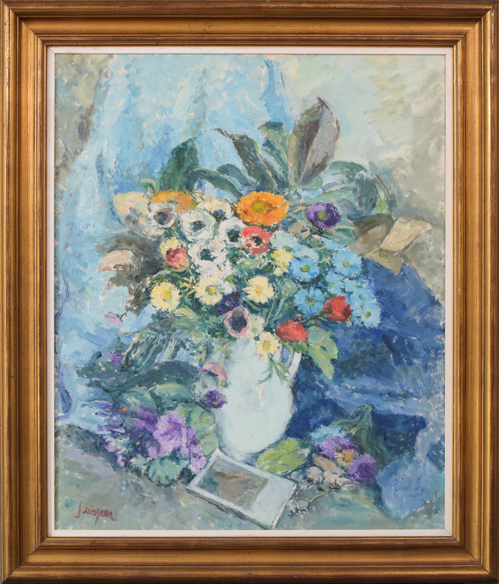 Artwork by Unknown, Still Life - With Flowers and Photograph, Made of Oil on canvas 
