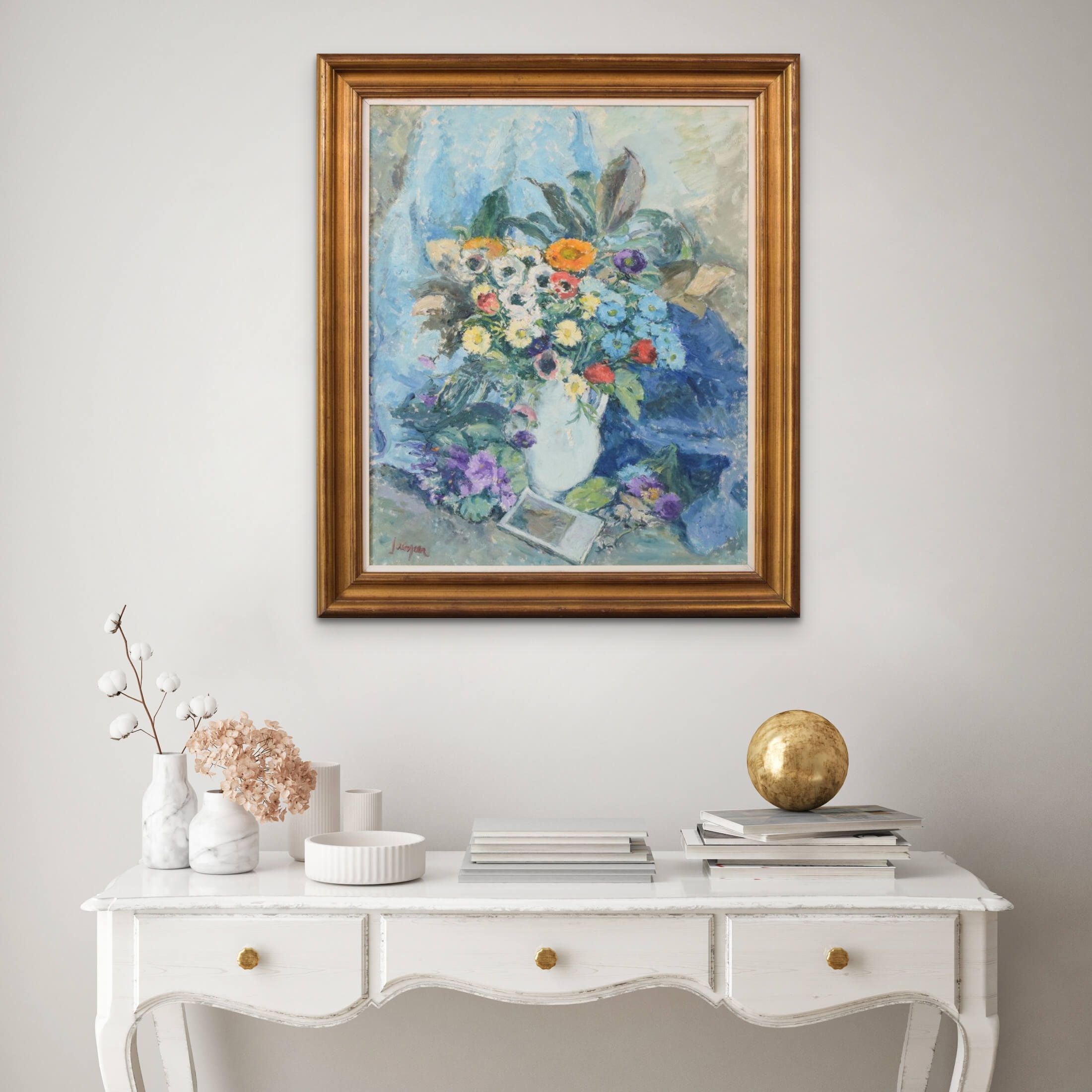 Artwork by Unknown, Still Life - With Flowers and Photograph, Made of Oil on canvas 