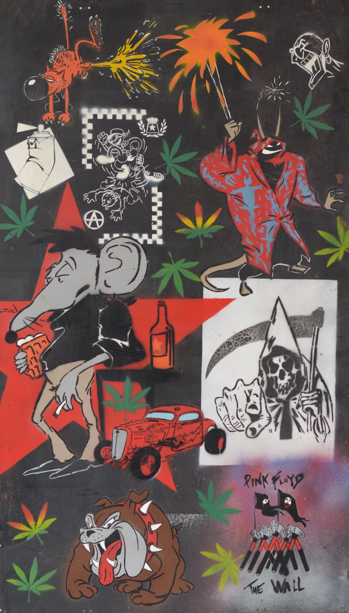 A wall covered in lots of different types of graffiti.