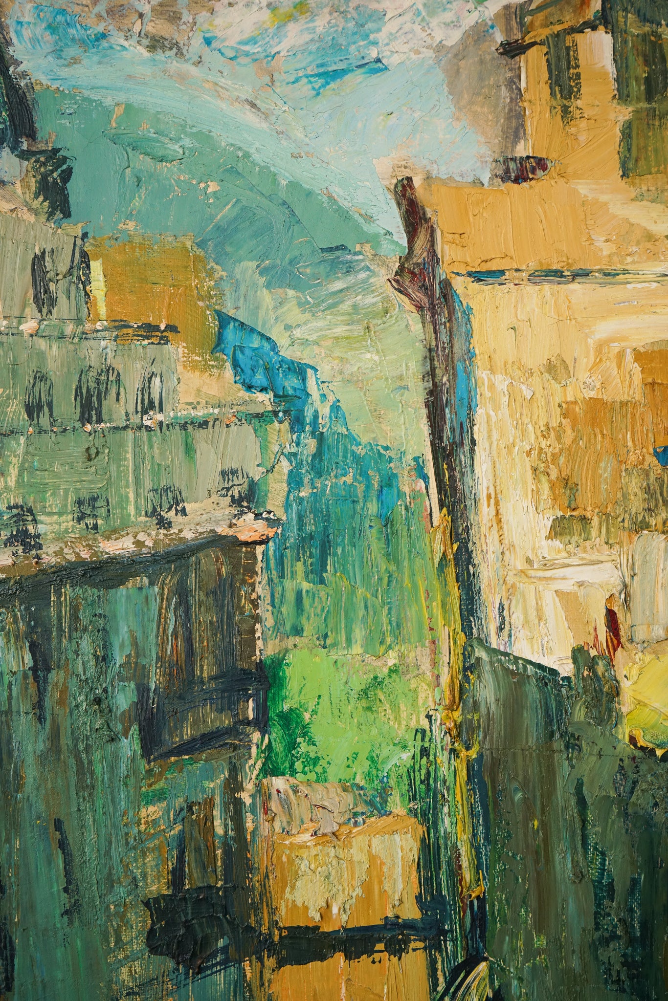 A painting of a city street with cars and buildings.