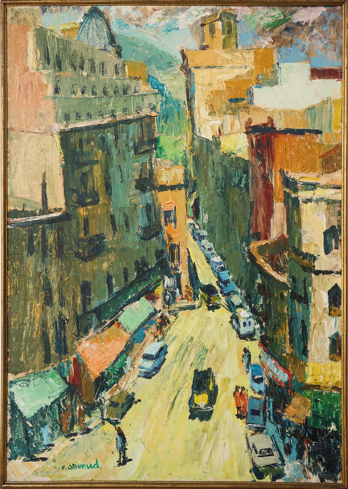 A painting of a city street with cars and buildings.