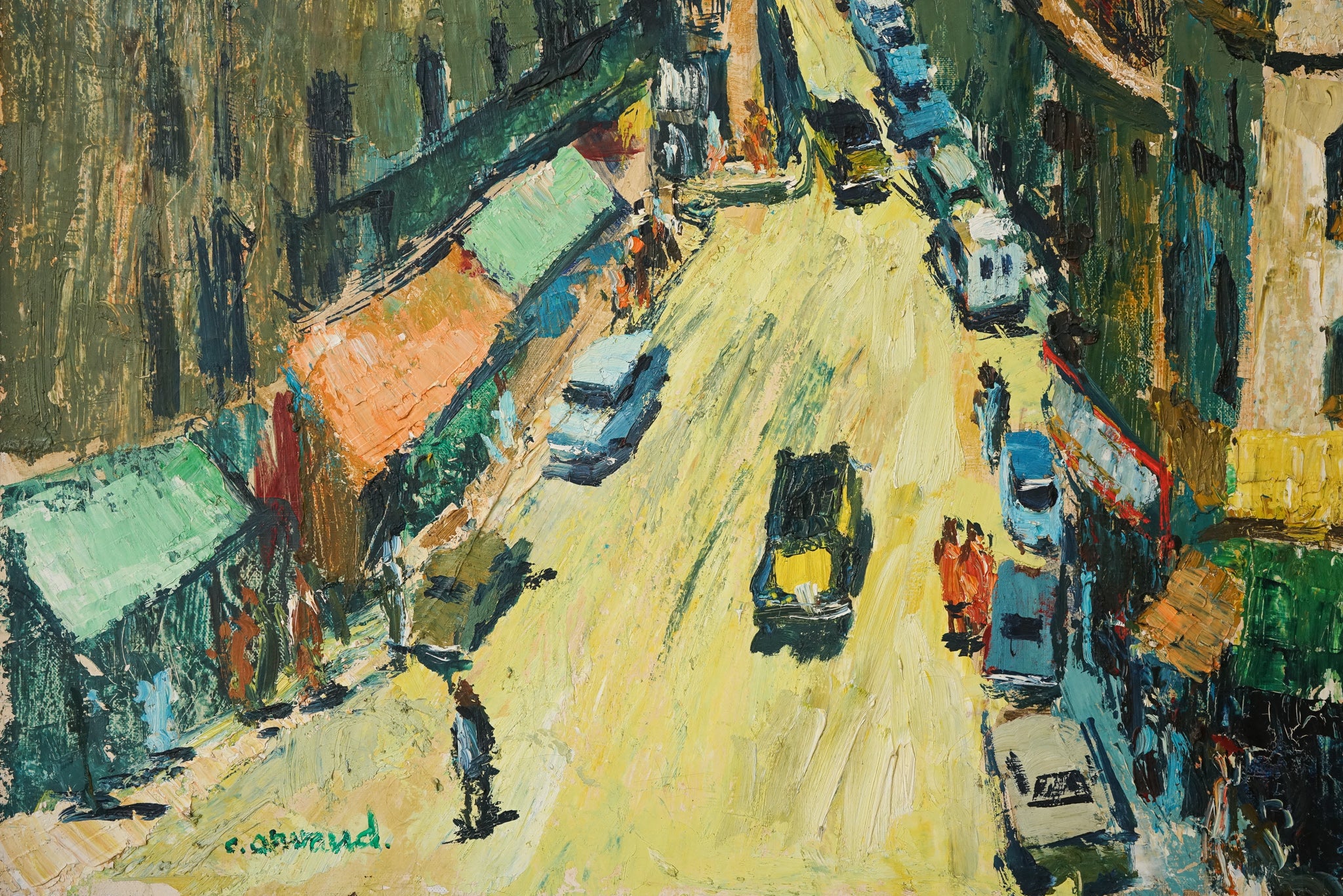 A painting of a city street with cars and buildings.
