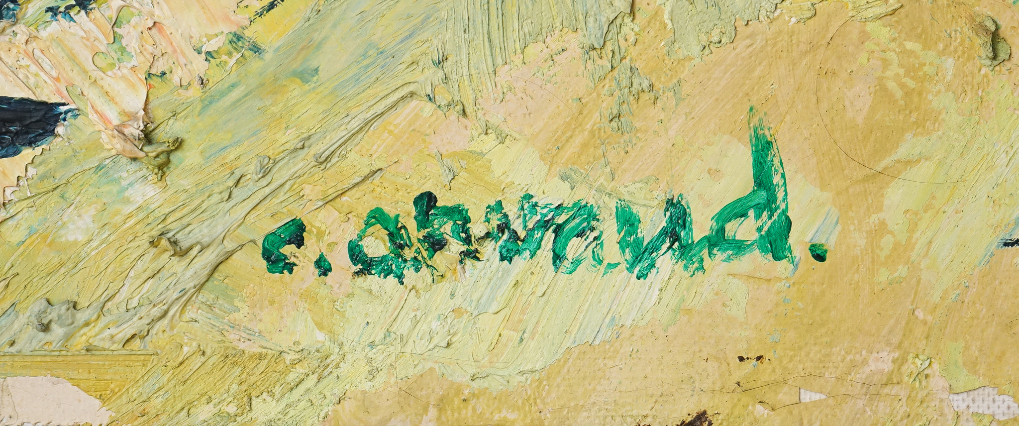 A painting of a city street with cars and buildings.